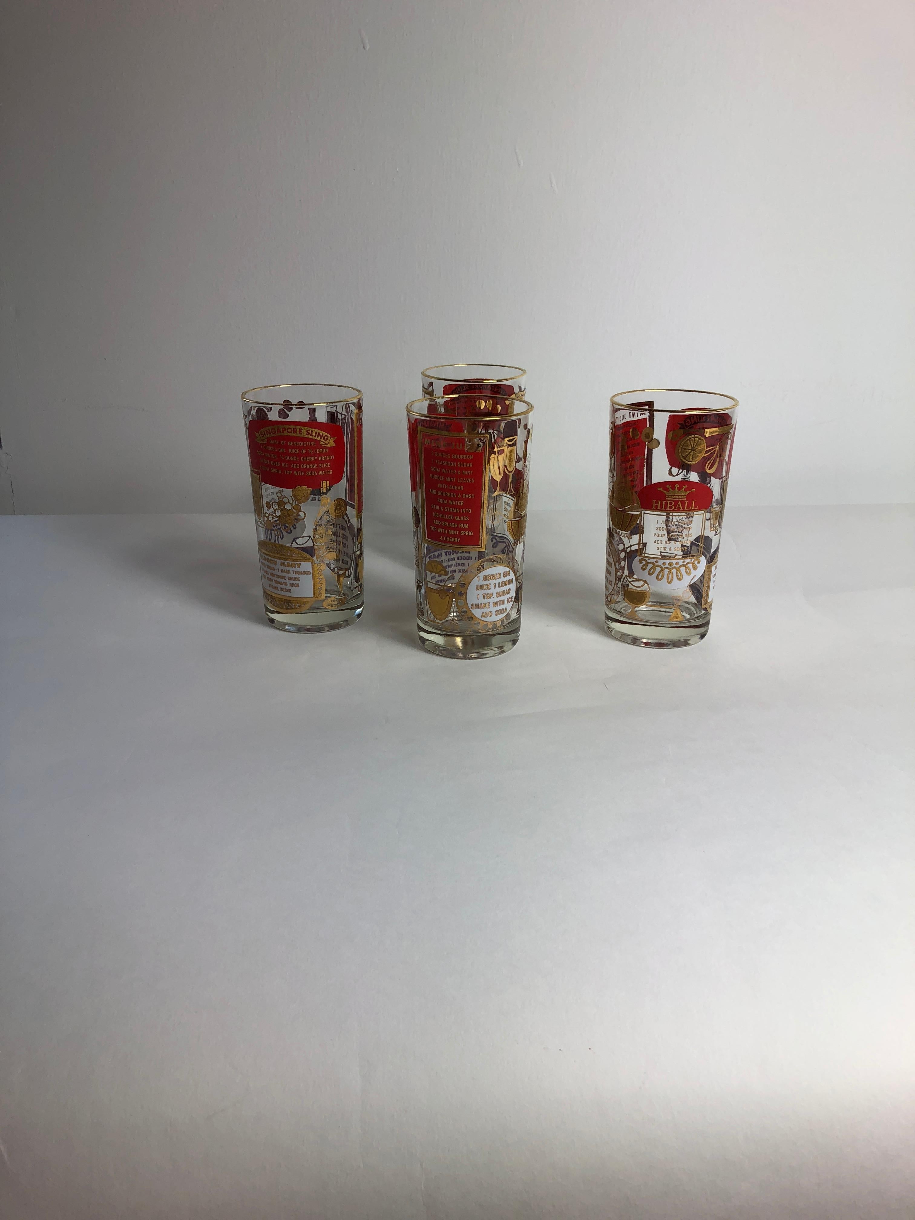 S/4 Mid-Century Modern Red & Gold Accents Drinks Recipes Motif Cocktail Glasses In Good Condition In Houston, TX