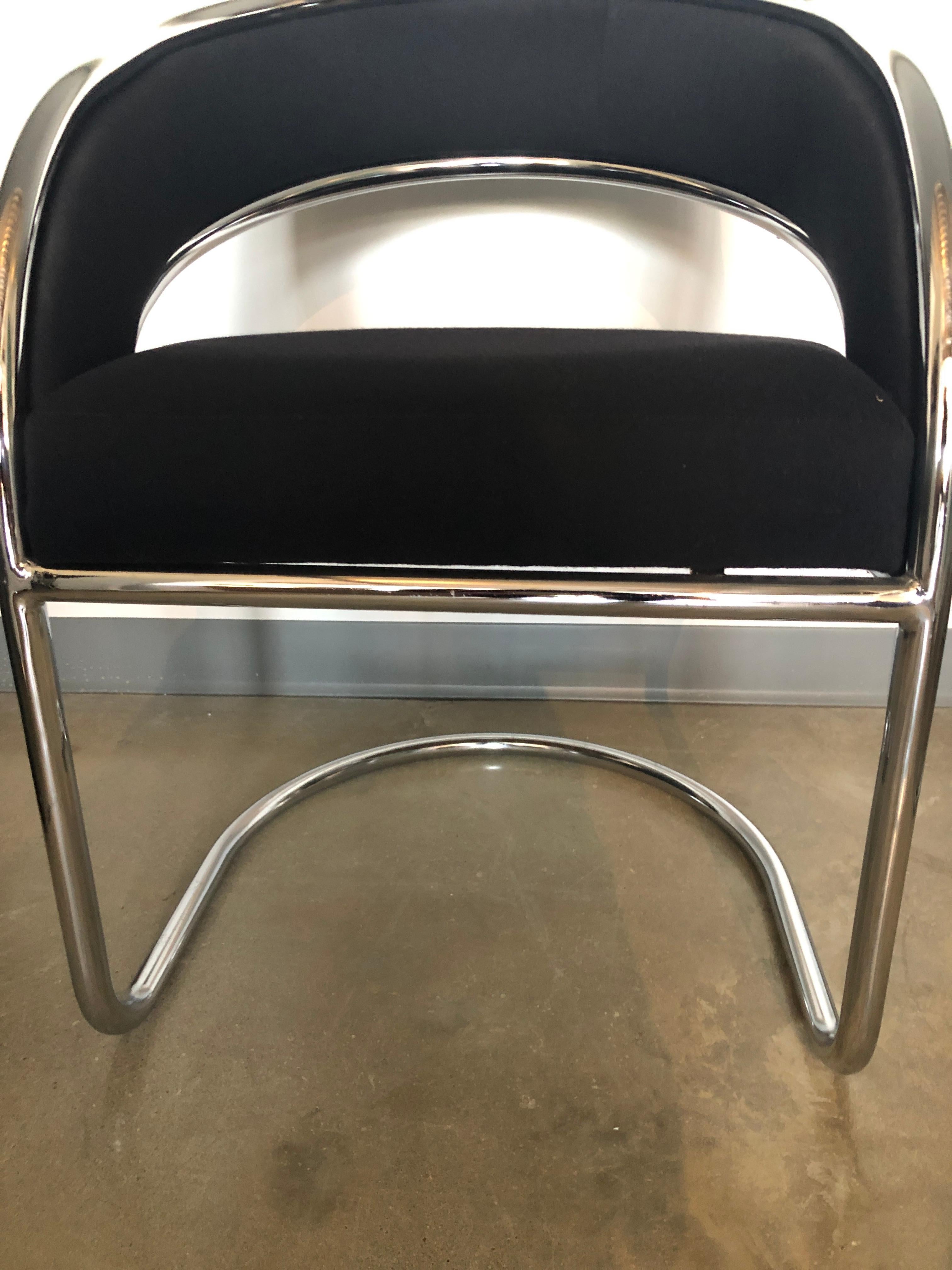 American Set of 4 Upholstered in Black Felt Wool and Chrome Armed Dining Chairs