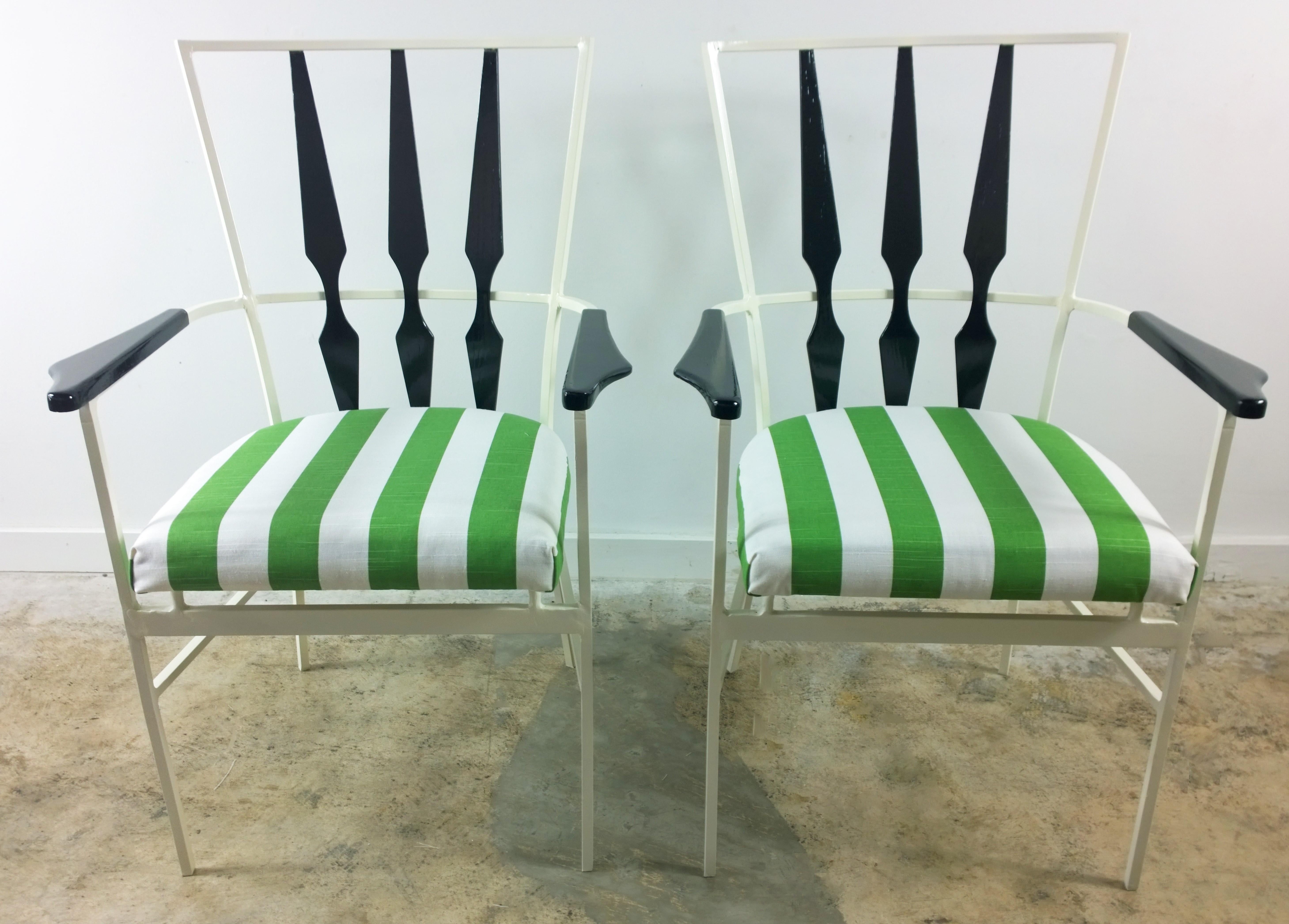 S/4 Salterini Patio Armchairs with White & Black Frame & Green Stripe Upholstery 2