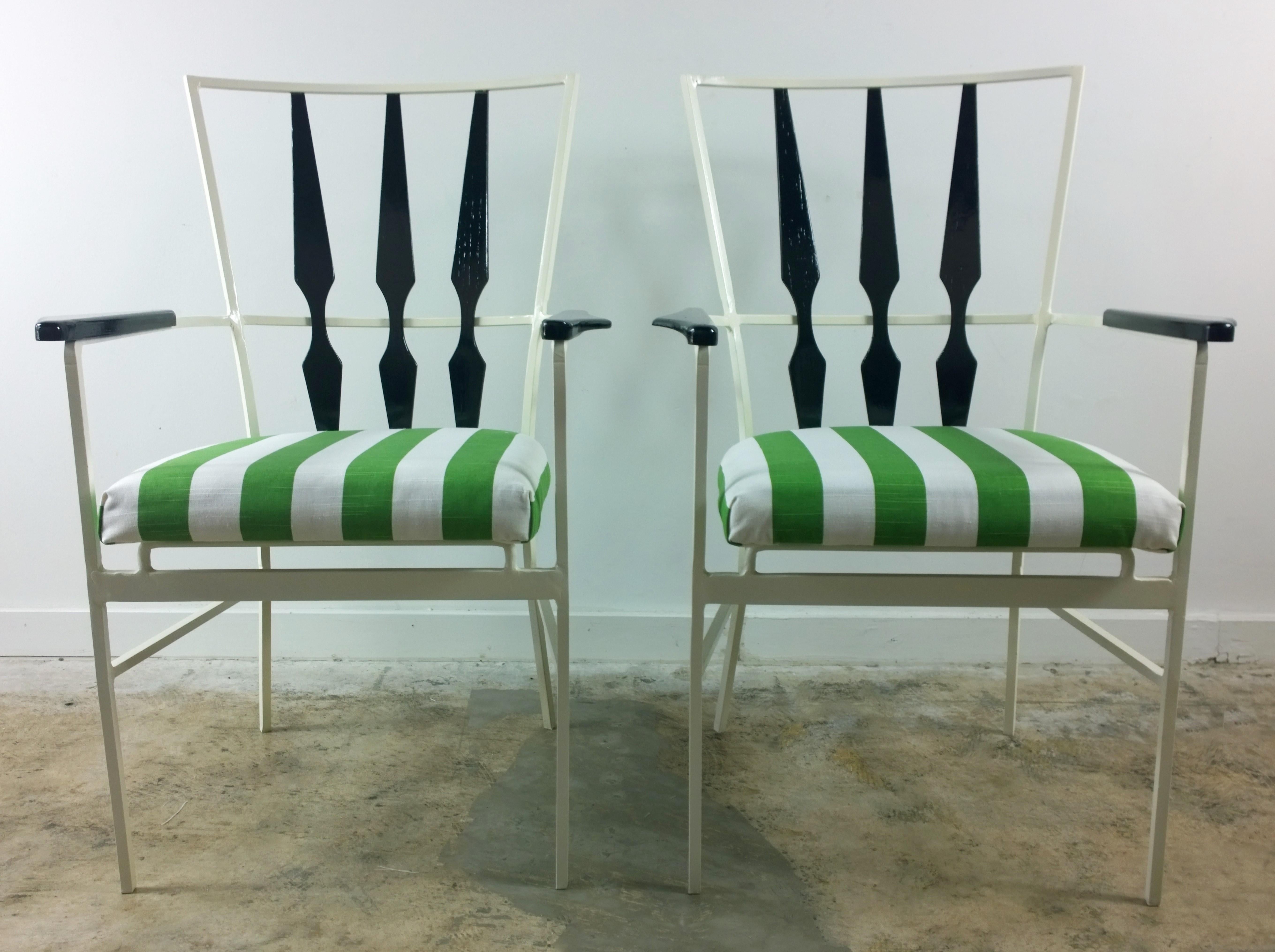 S/4 Salterini Patio Armchairs with White & Black Frame & Green Stripe Upholstery 3