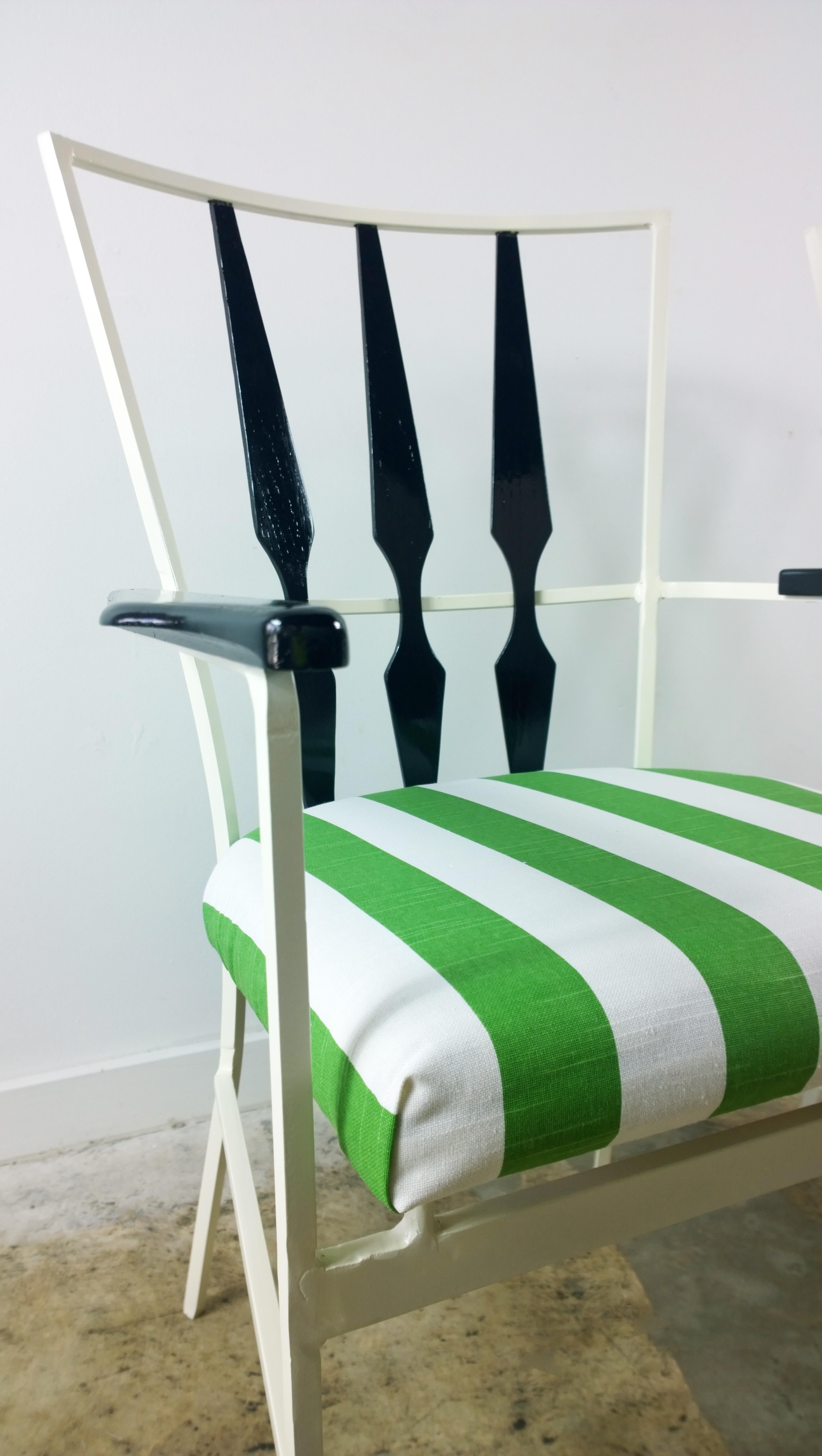 S/4 Salterini Patio Armchairs with White & Black Frame & Green Stripe Upholstery 5