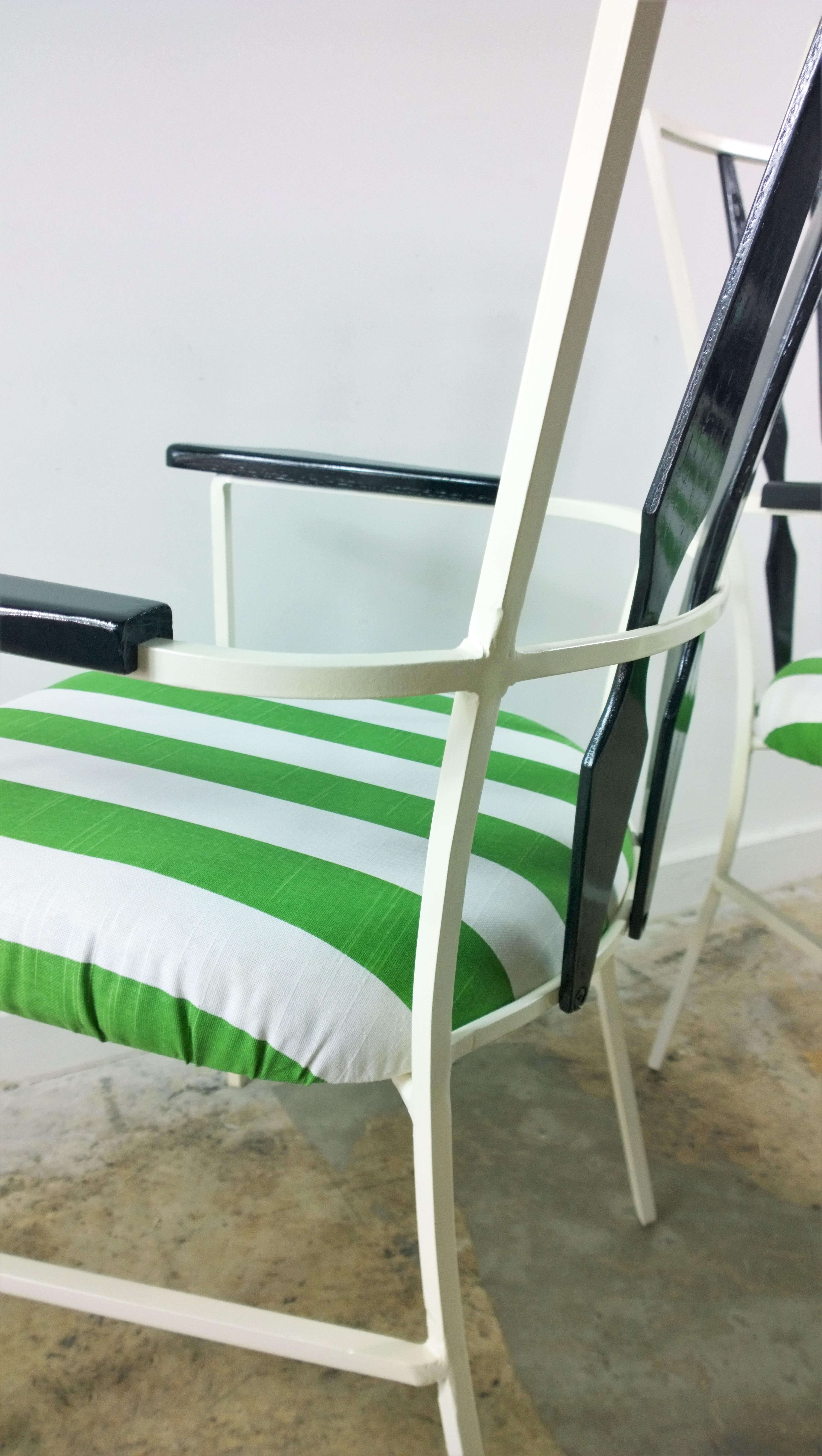 S/4 Salterini Patio Armchairs with White & Black Frame & Green Stripe Upholstery 6