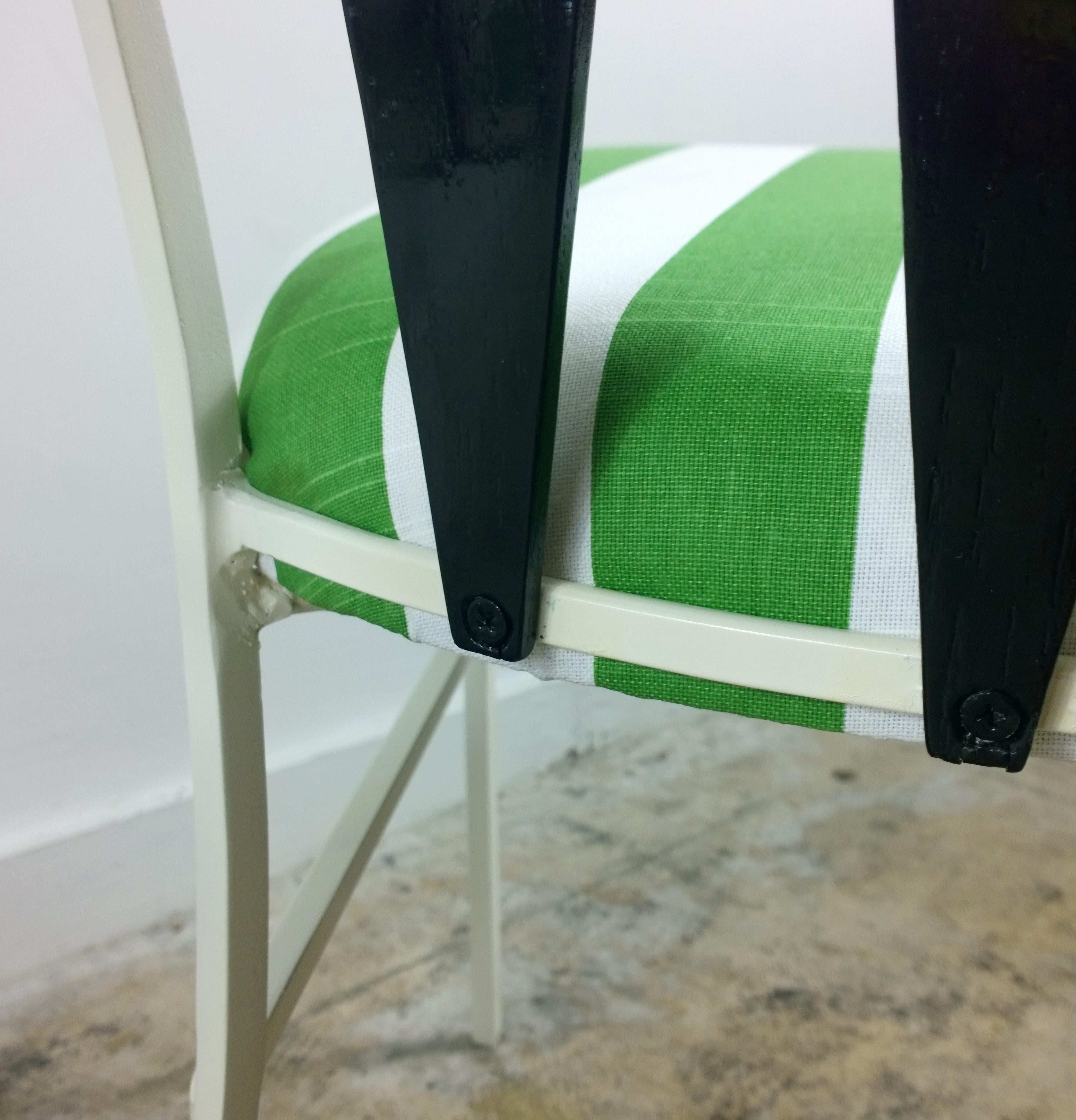 S/4 Salterini Patio Armchairs with White & Black Frame & Green Stripe Upholstery 7