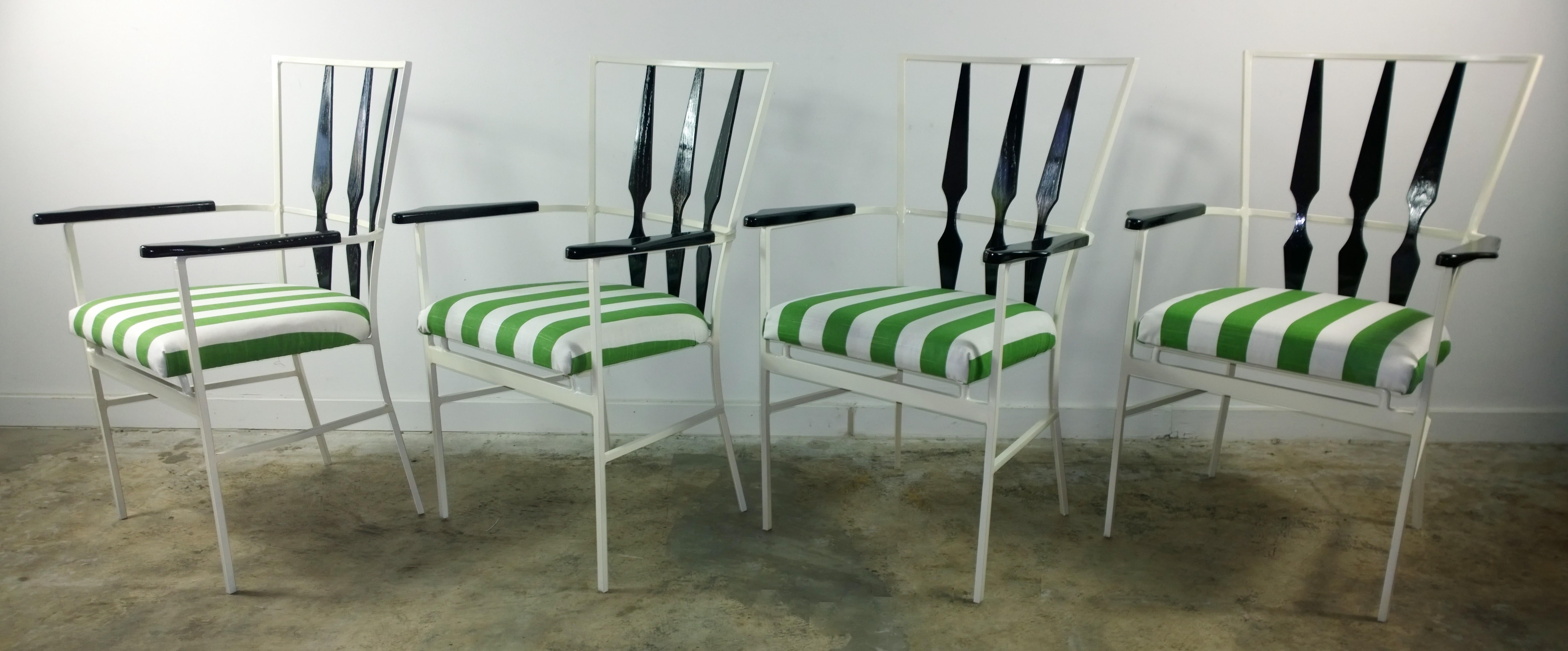Mid-Century Modern S/4 Salterini Patio Armchairs with White & Black Frame & Green Stripe Upholstery