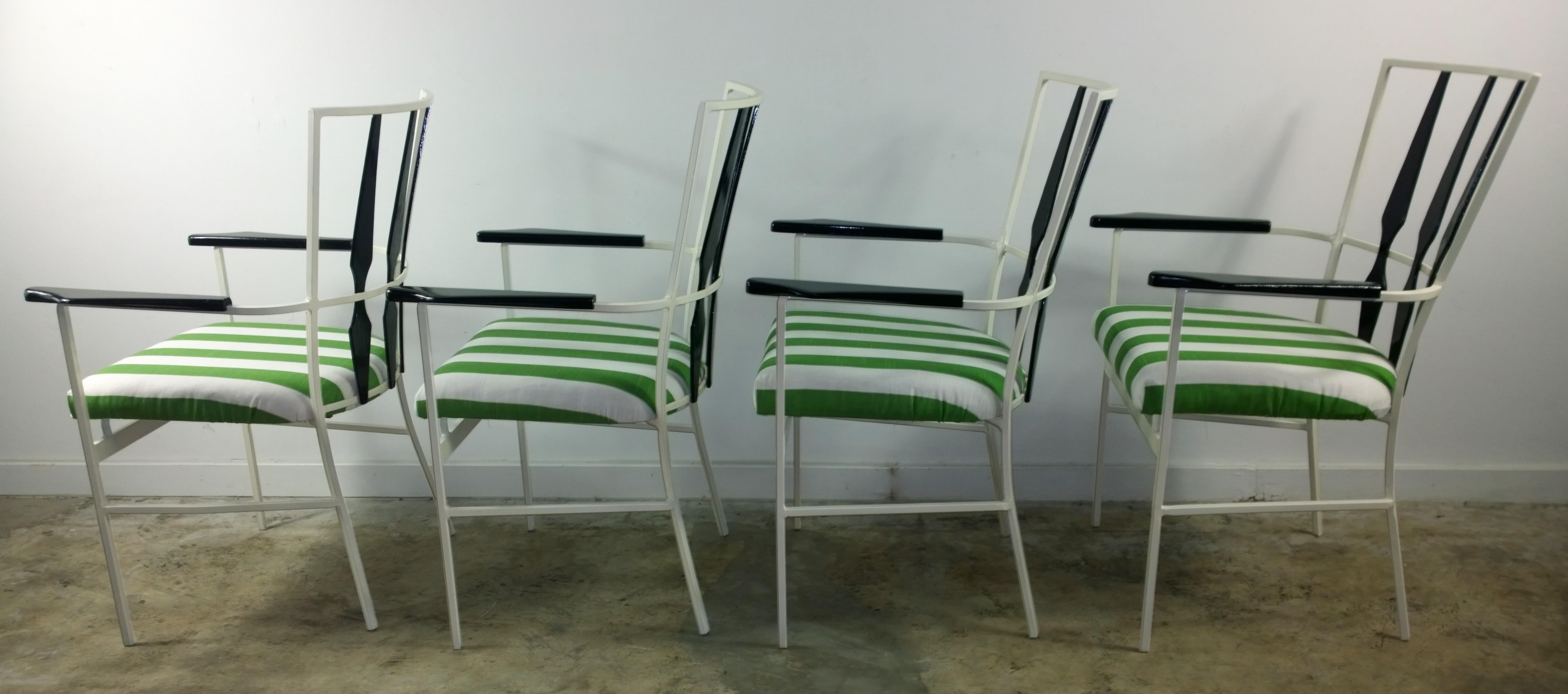 American S/4 Salterini Patio Armchairs with White & Black Frame & Green Stripe Upholstery