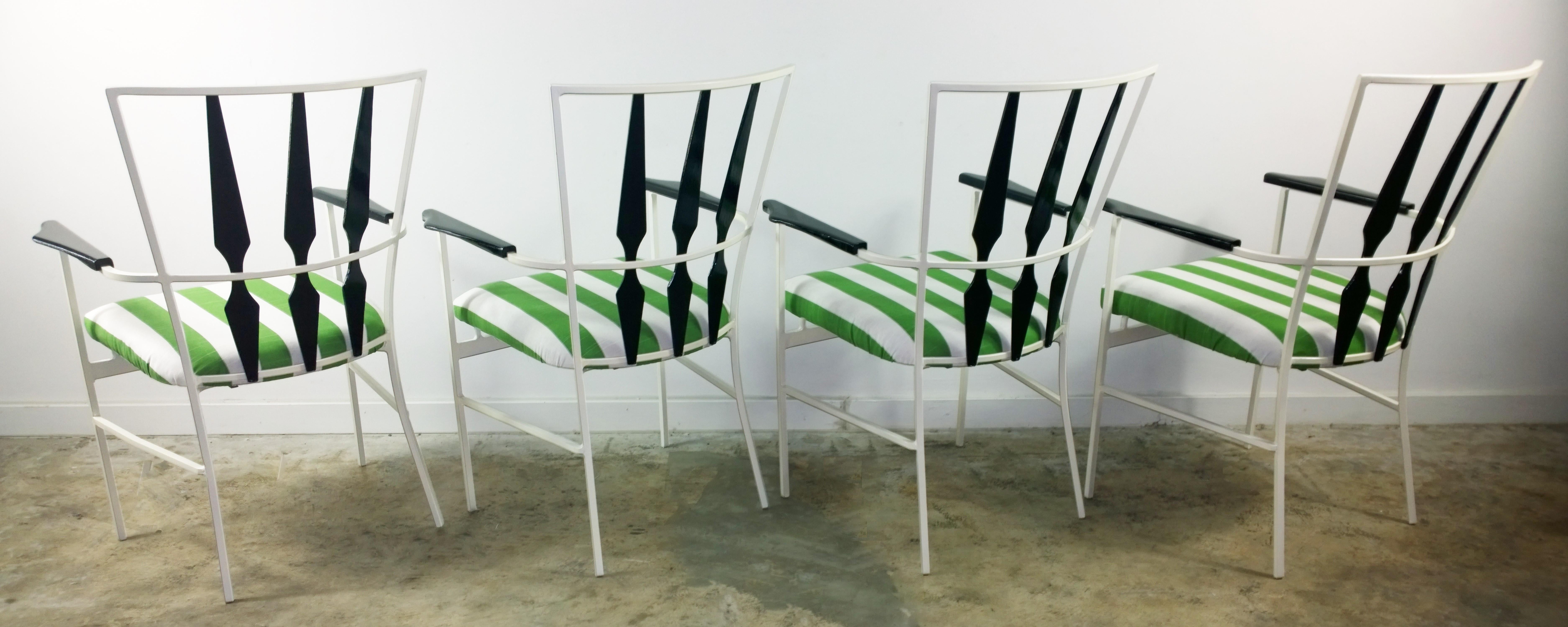 Enameled S/4 Salterini Patio Armchairs with White & Black Frame & Green Stripe Upholstery
