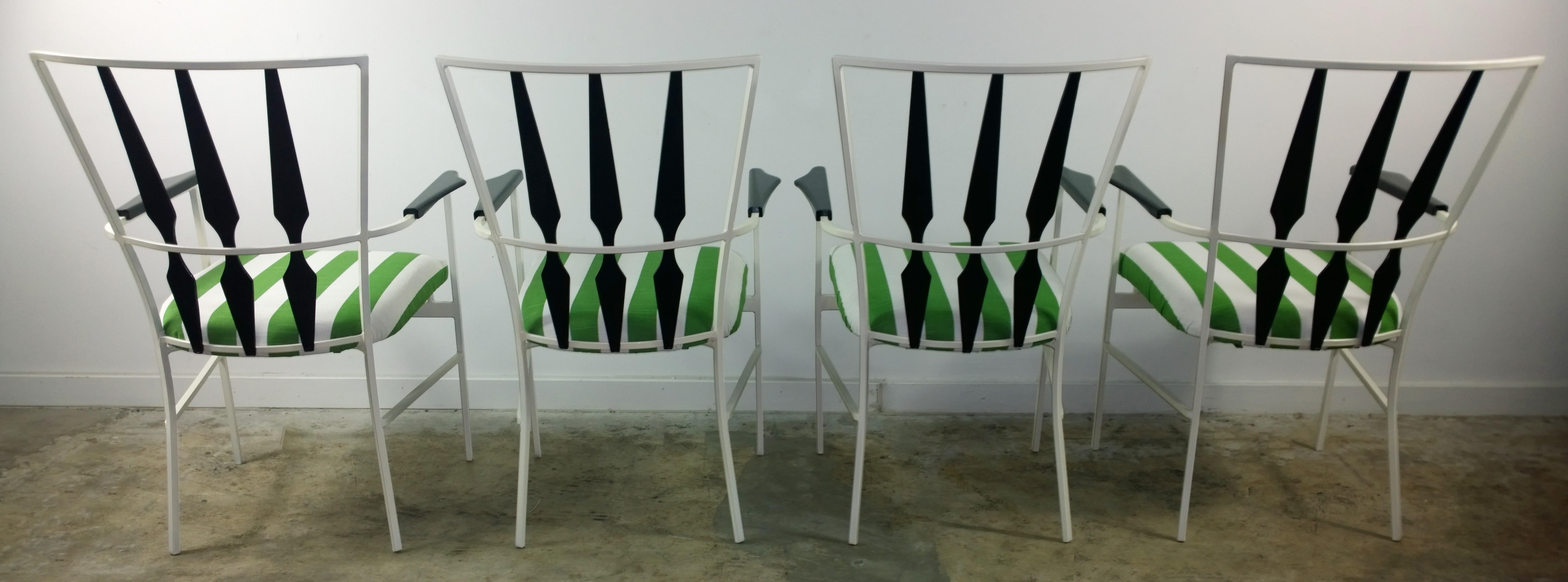 S/4 Salterini Patio Armchairs with White & Black Frame & Green Stripe Upholstery In Good Condition In Houston, TX
