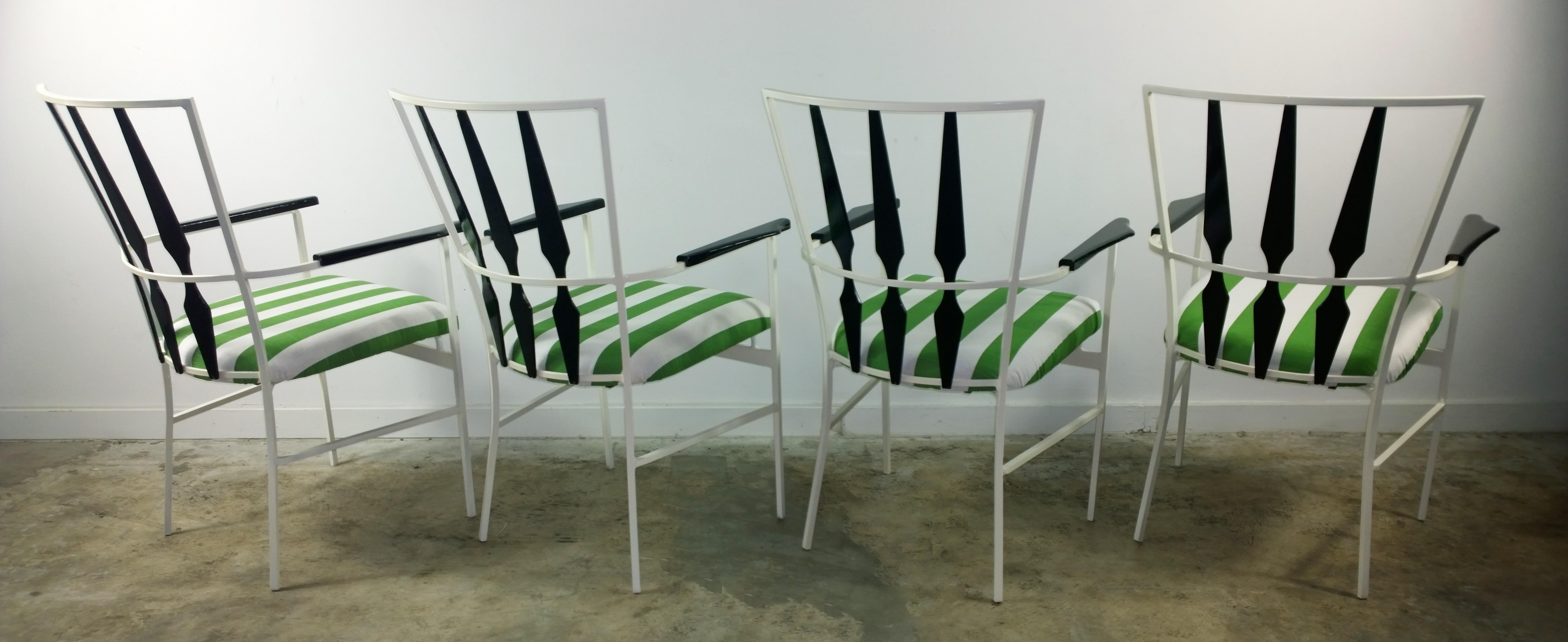 20th Century S/4 Salterini Patio Armchairs with White & Black Frame & Green Stripe Upholstery