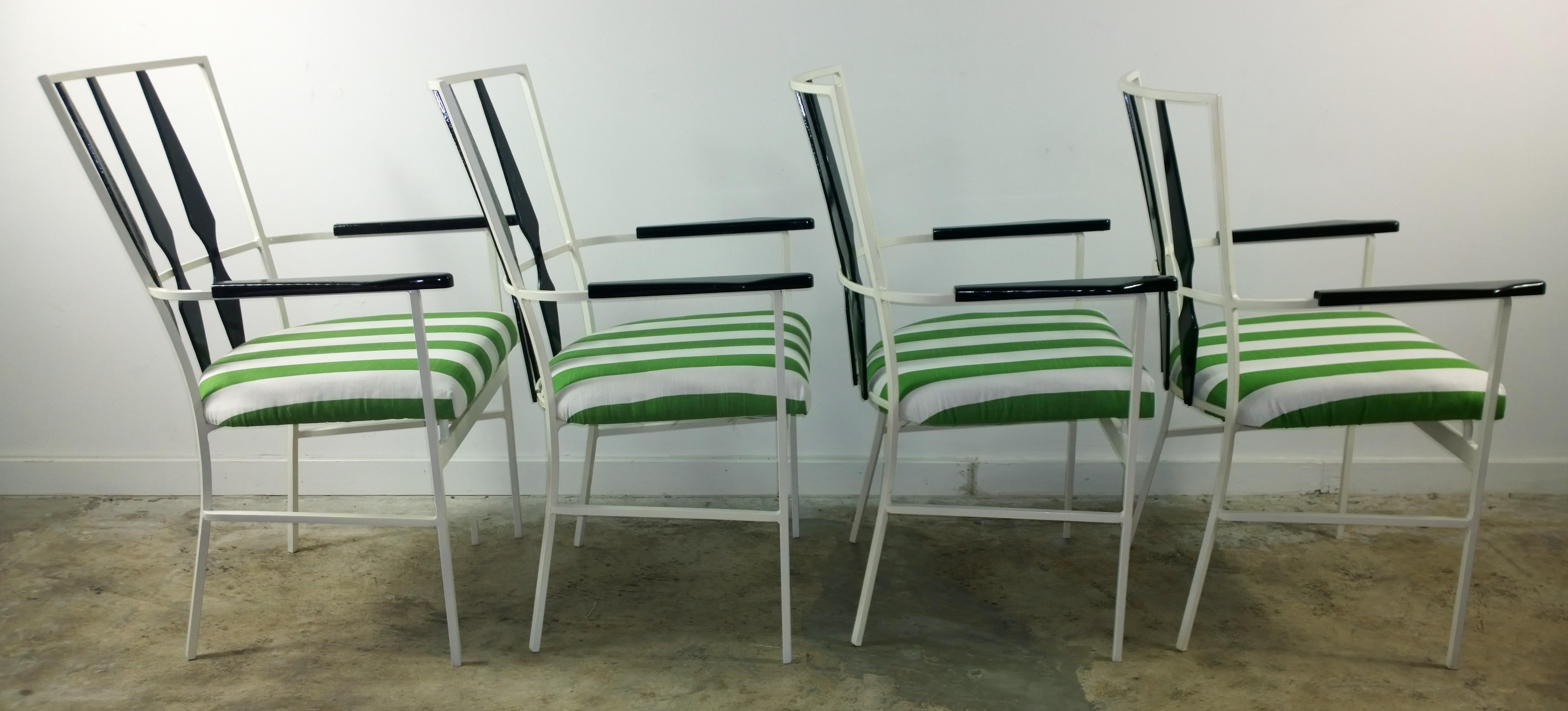Fabric S/4 Salterini Patio Armchairs with White & Black Frame & Green Stripe Upholstery