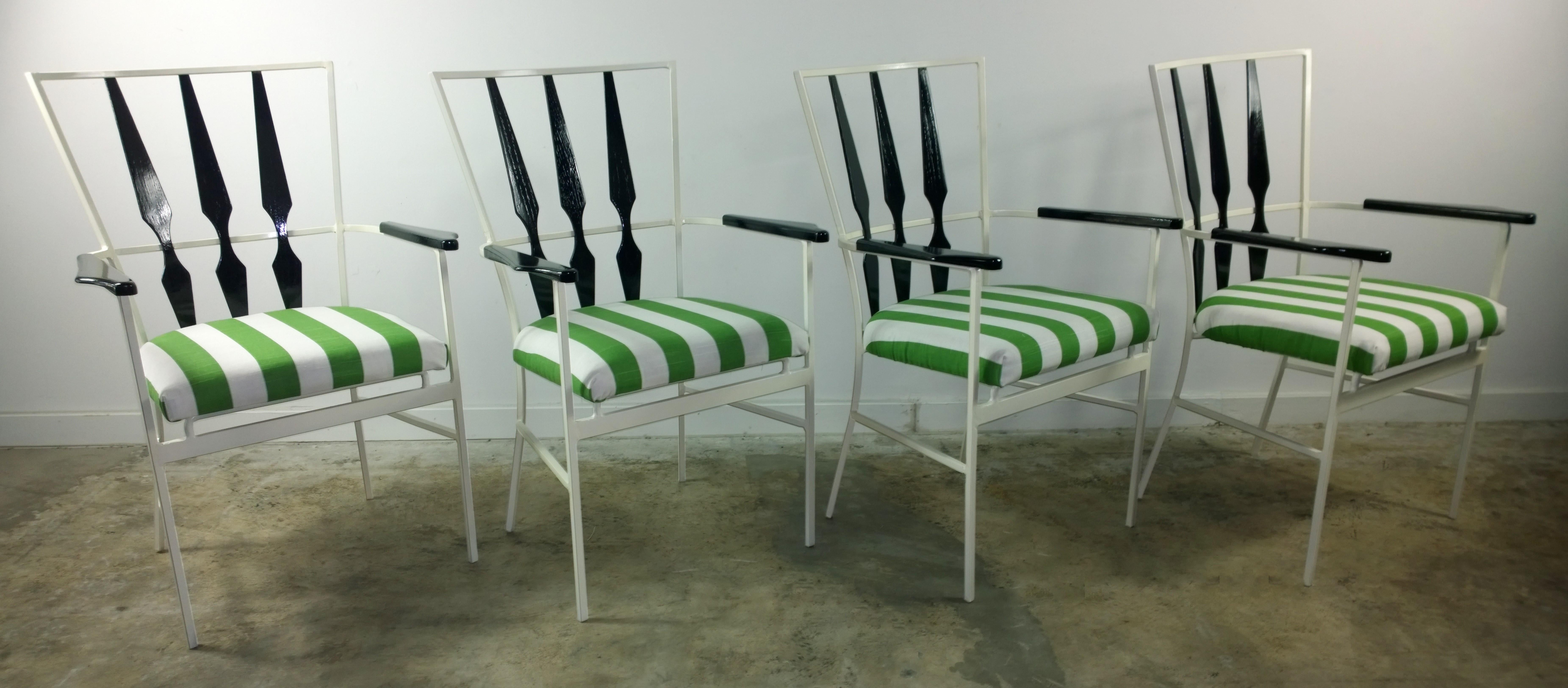 S/4 Salterini Patio Armchairs with White & Black Frame & Green Stripe Upholstery 1