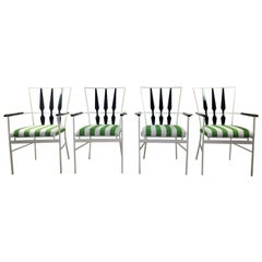 S/4 Salterini Patio Armchairs with White & Black Frame & Green Stripe Upholstery
