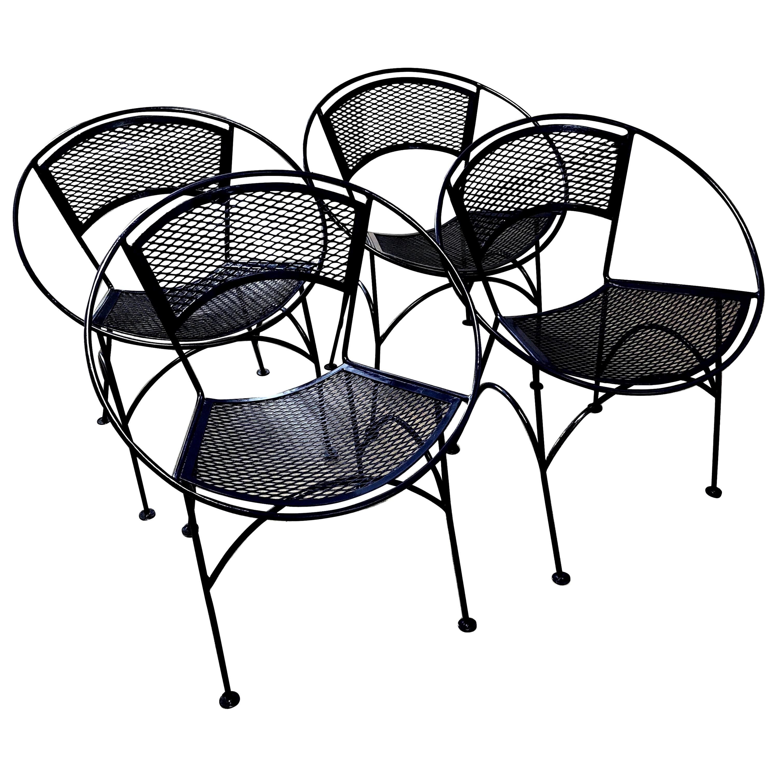 S/4 Salterini Wrought Iron Newly Enameled Navy Blue Radar Patio / Garden Chairs For Sale