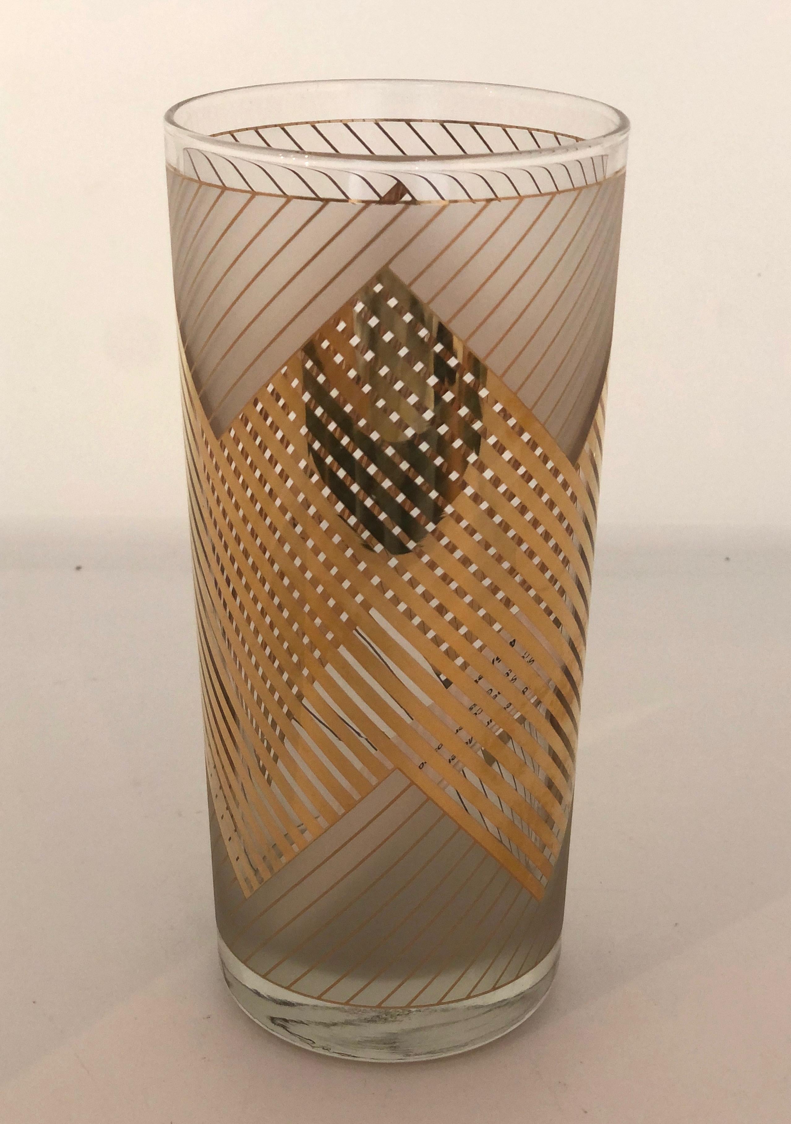 S/4 Signed Culver 22k Gold Chevron Design over White Frosted Cocktail Glasses For Sale 2