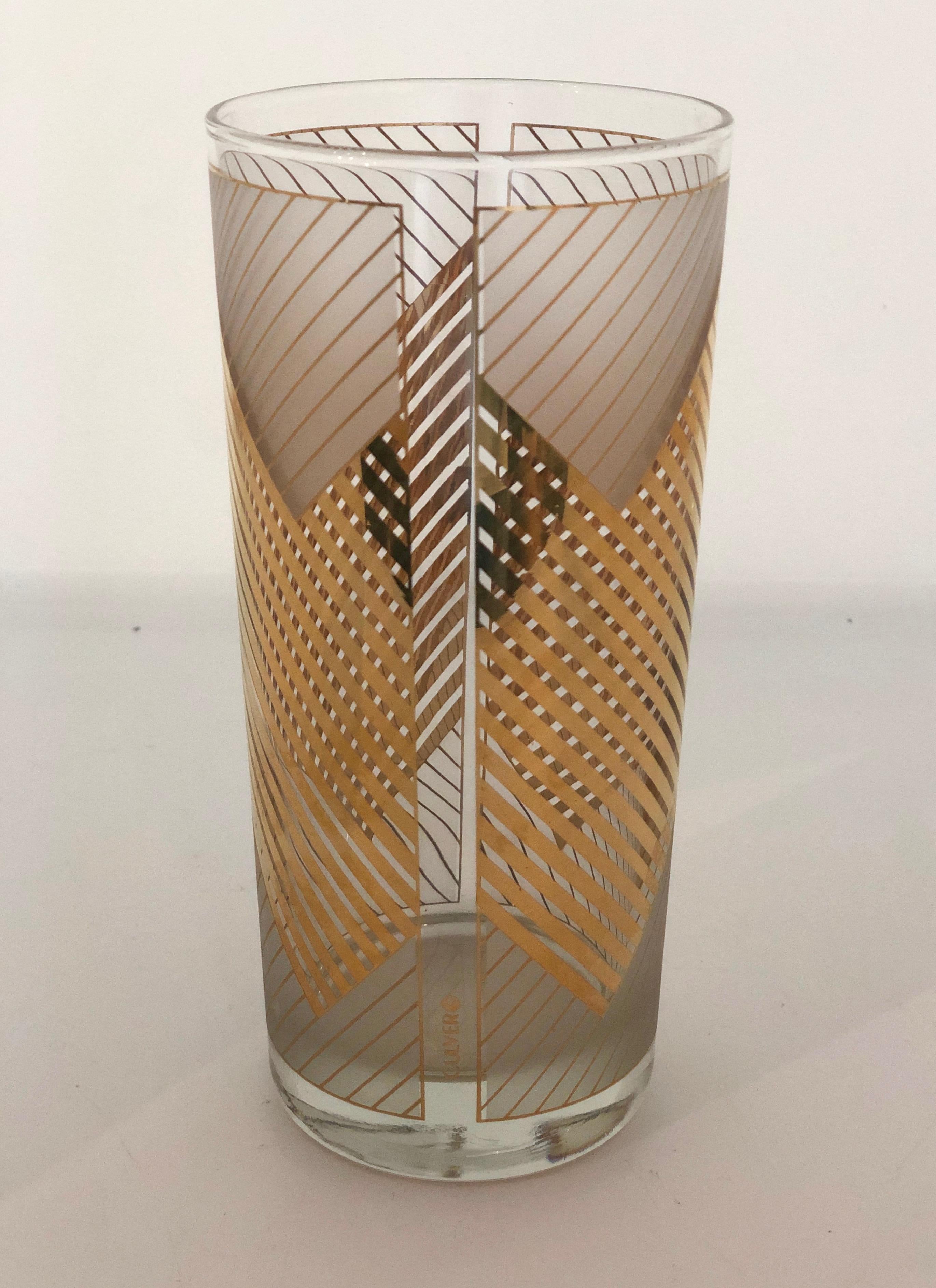 S/4 Signed Culver 22k Gold Chevron Design over White Frosted Cocktail Glasses For Sale 4
