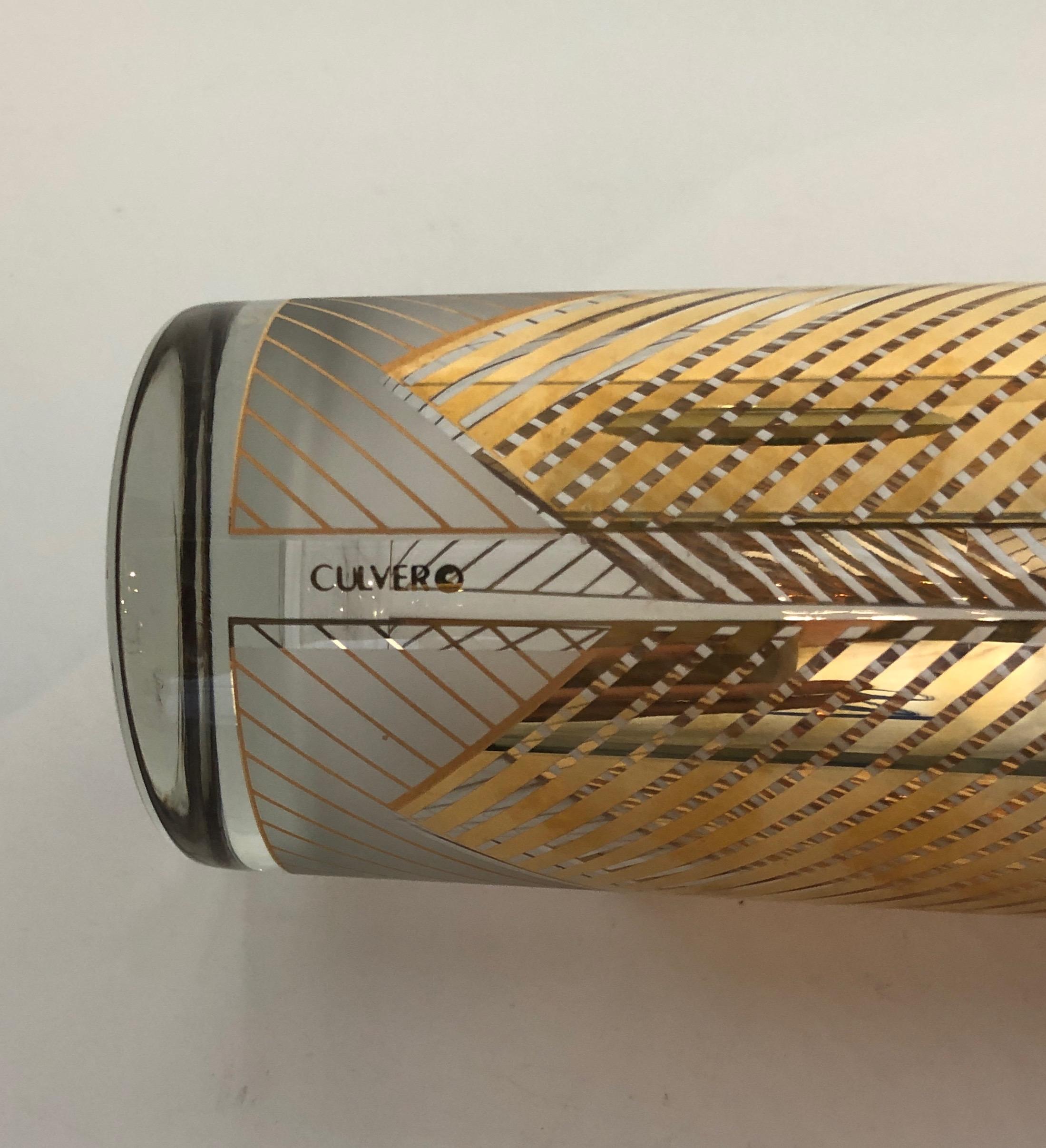 S/4 Signed Culver 22k Gold Chevron Design over White Frosted Cocktail Glasses For Sale 9