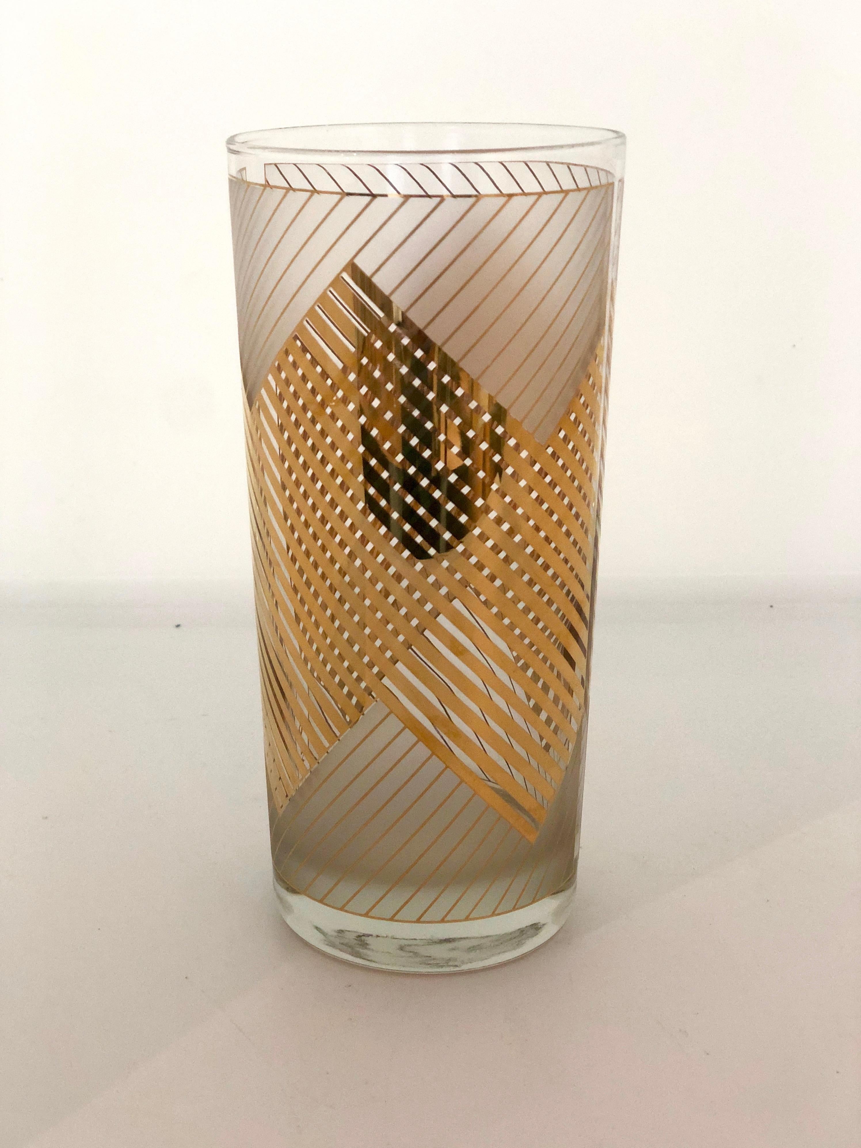 American S/4 Signed Culver 22k Gold Chevron Design over White Frosted Cocktail Glasses For Sale