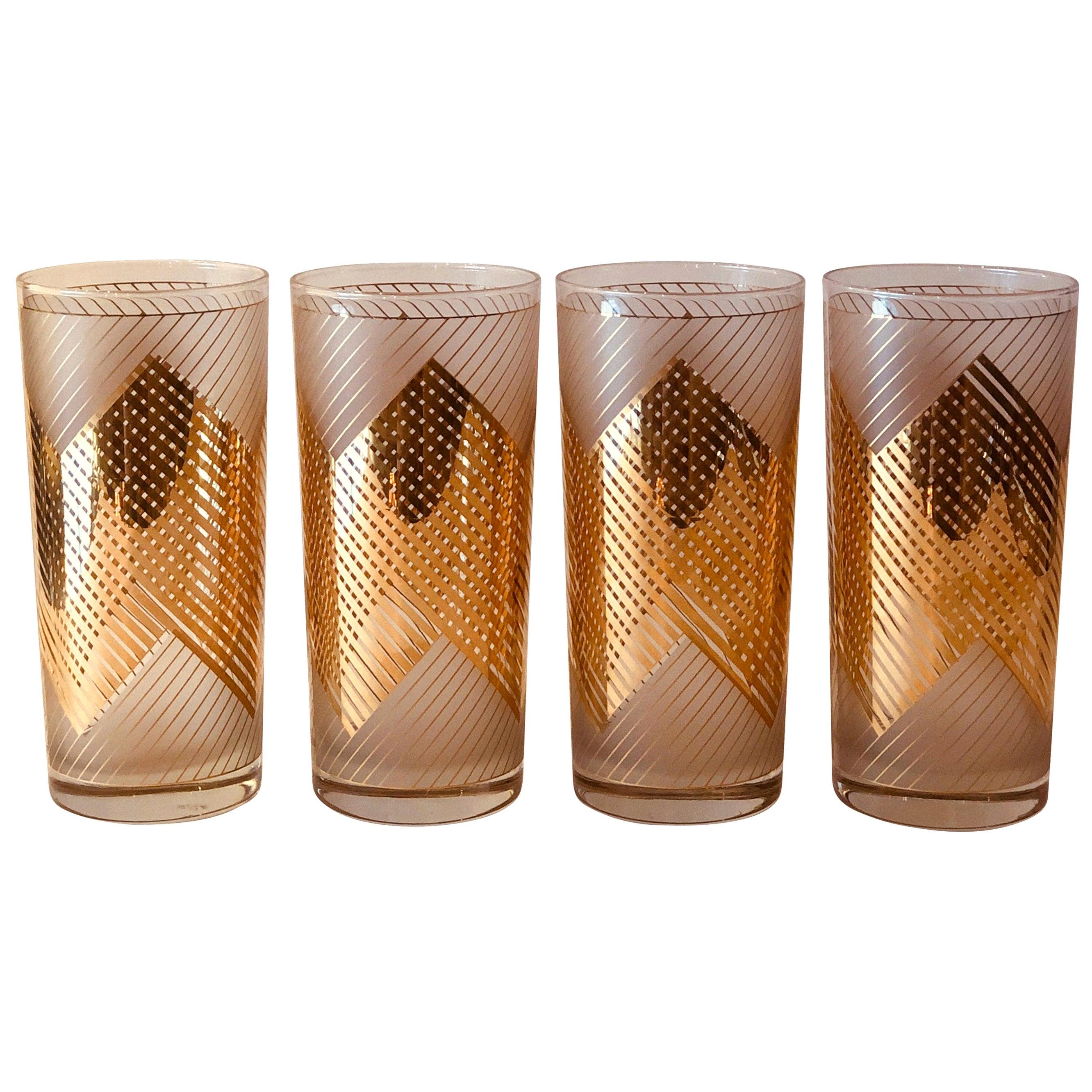 S/4 Signed Culver 22k Gold Chevron Design over White Frosted Cocktail Glasses For Sale