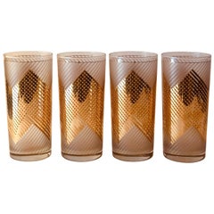 Retro S/4 Signed Culver 22k Gold Chevron Design over White Frosted Cocktail Glasses
