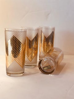 S/4 Signed Culver 22k Gold Chevron Design over White Frosted Cocktail Glasses