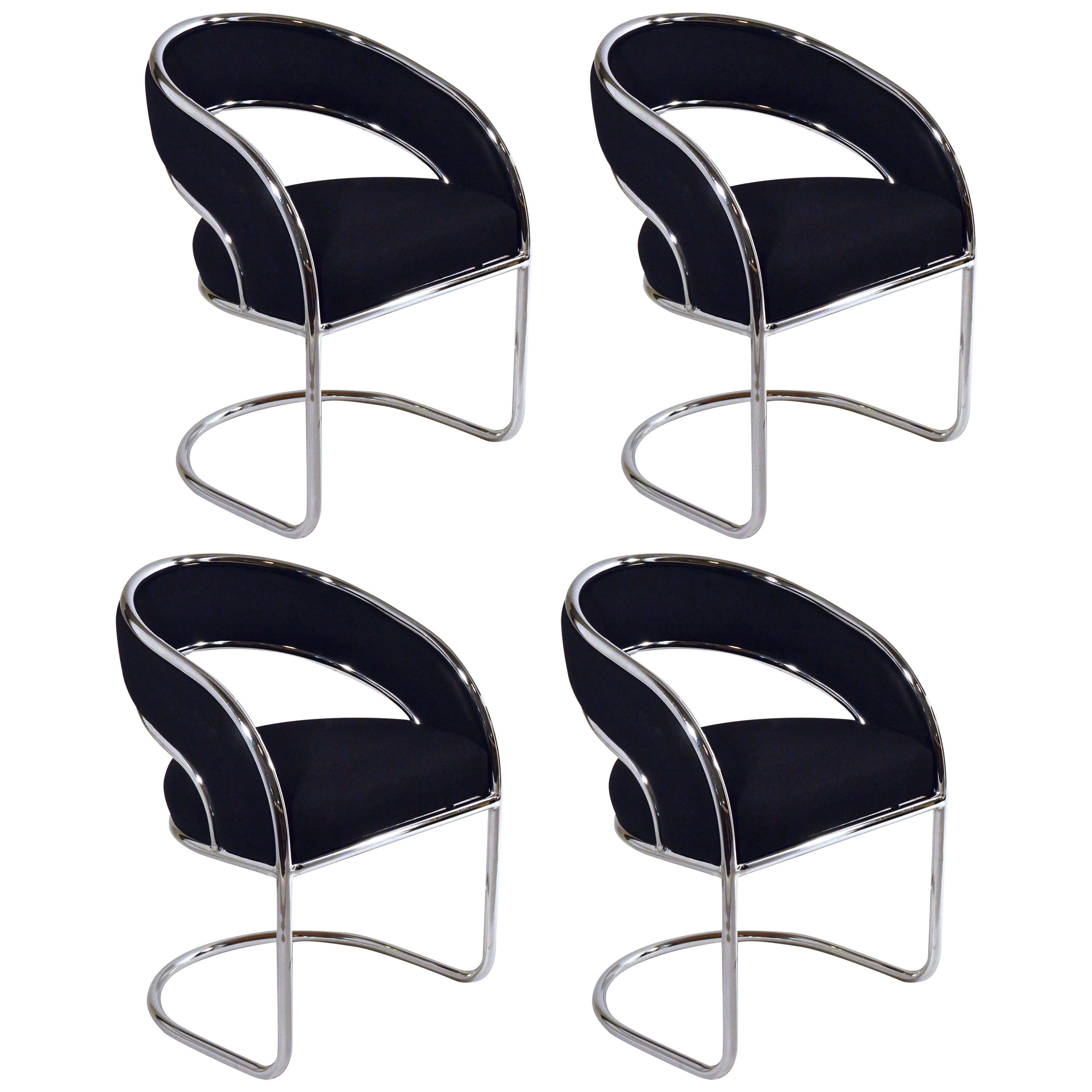 Set of 4 Upholstered in Black Felt Wool and Chrome Armed Dining Chairs