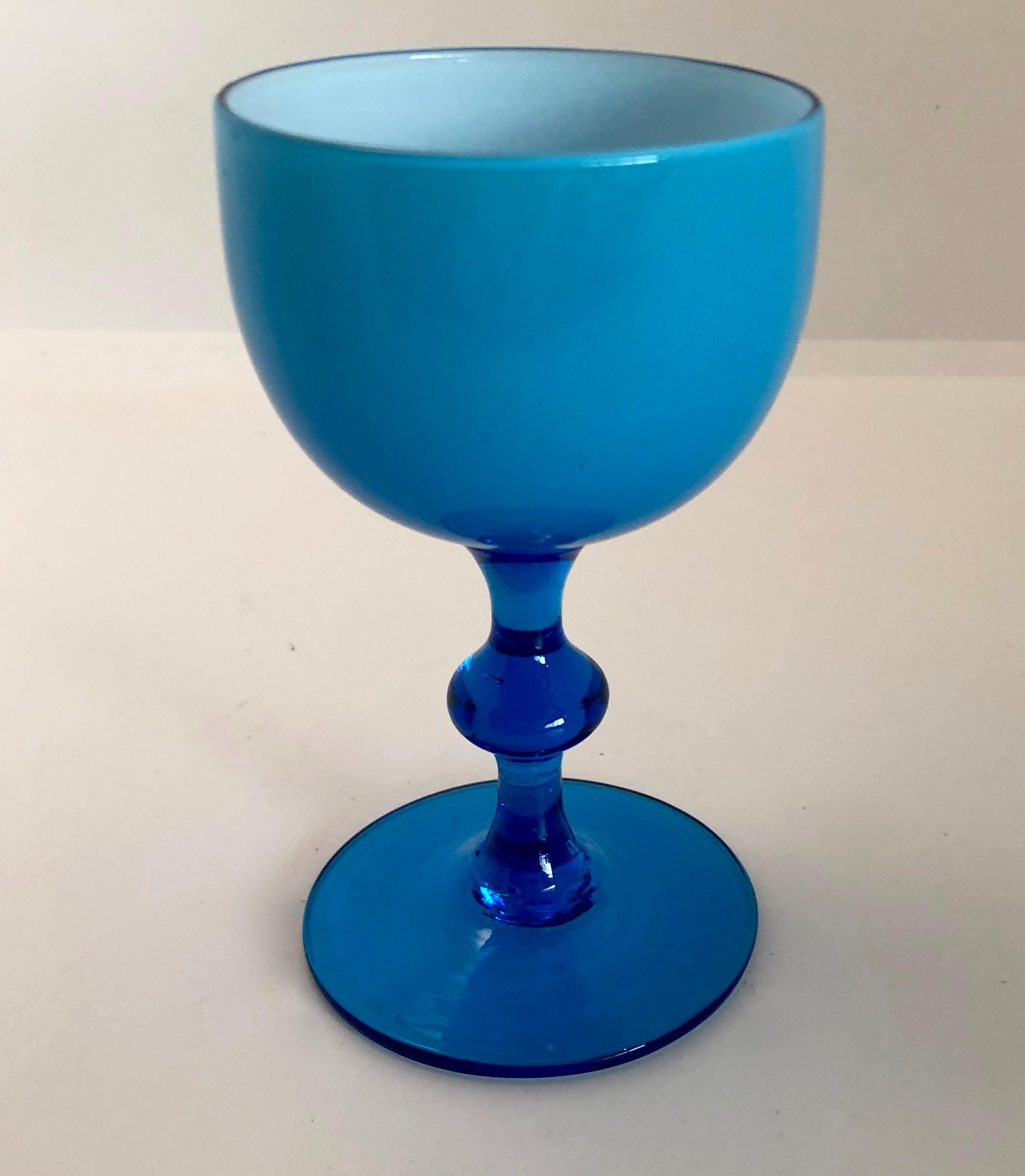 S/4 White Encased Cerulean Light Blue Carlo Moretti Stemmed Blown Glass Goblets 7