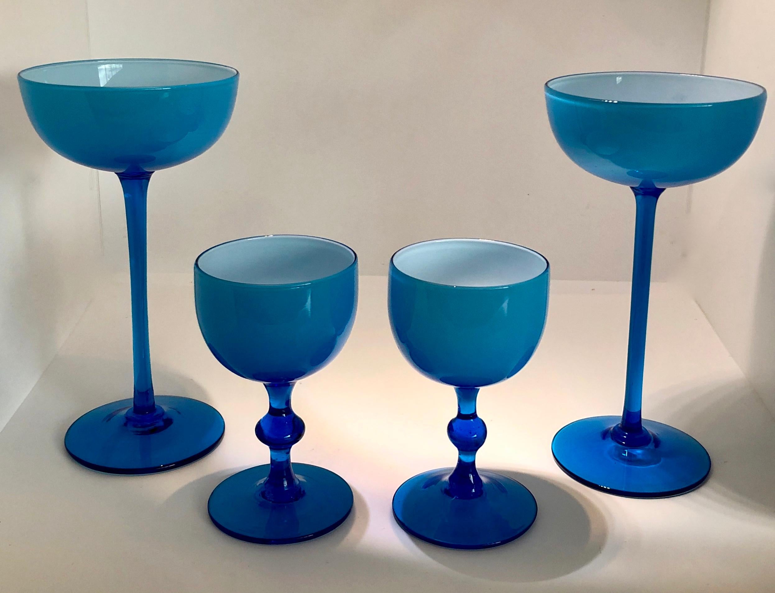 Mid-Century Modern S/4 White Encased Cerulean Light Blue Carlo Moretti Stemmed Blown Glass Goblets