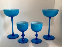 S/4 White Encased Cerulean Light Blue Carlo Moretti Stemmed Blown Glass Goblets