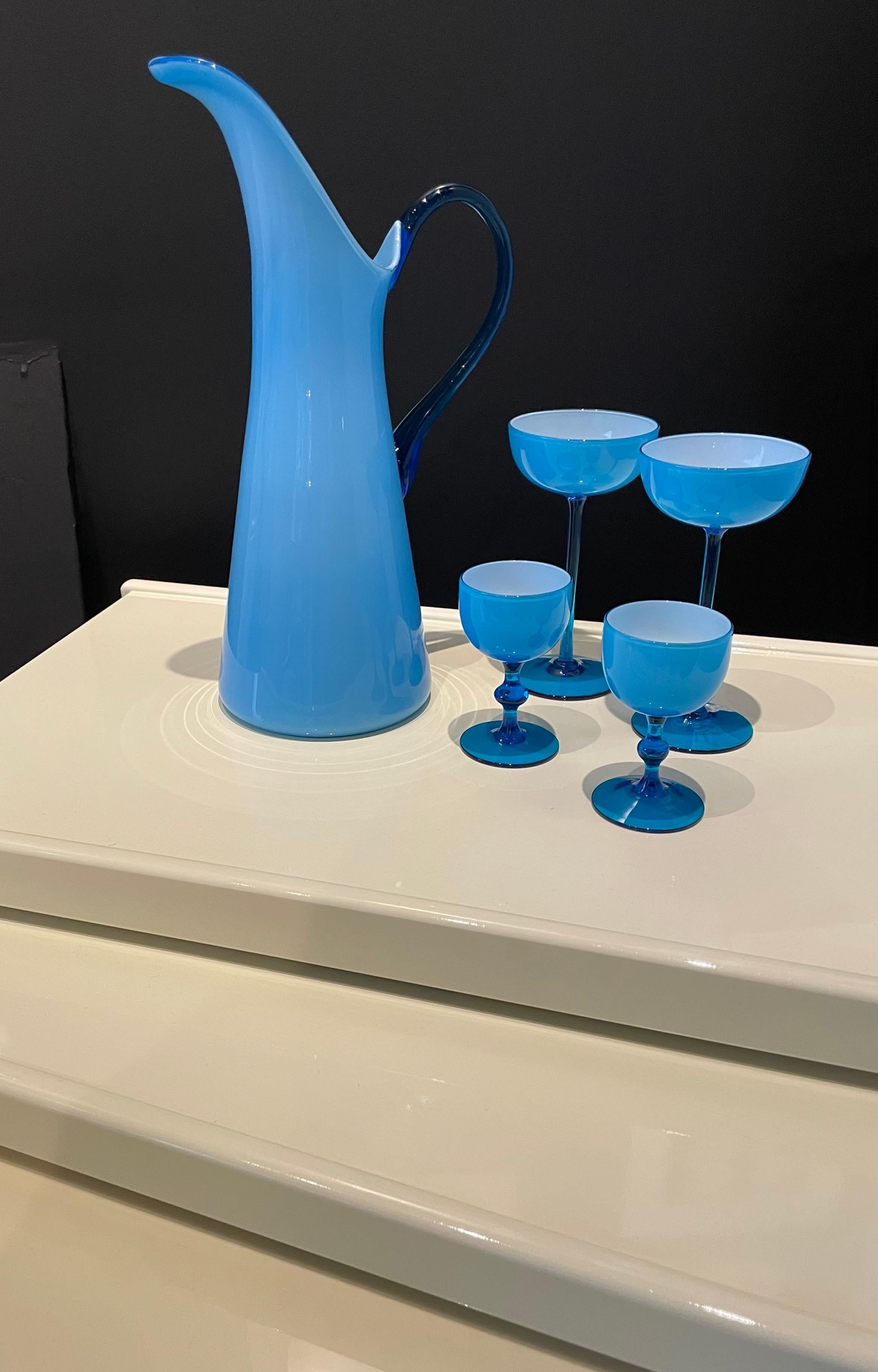 S/4 White Encased Cerulean Light Blue Carlo Moretti Stemmed Blown Glass Goblets 14