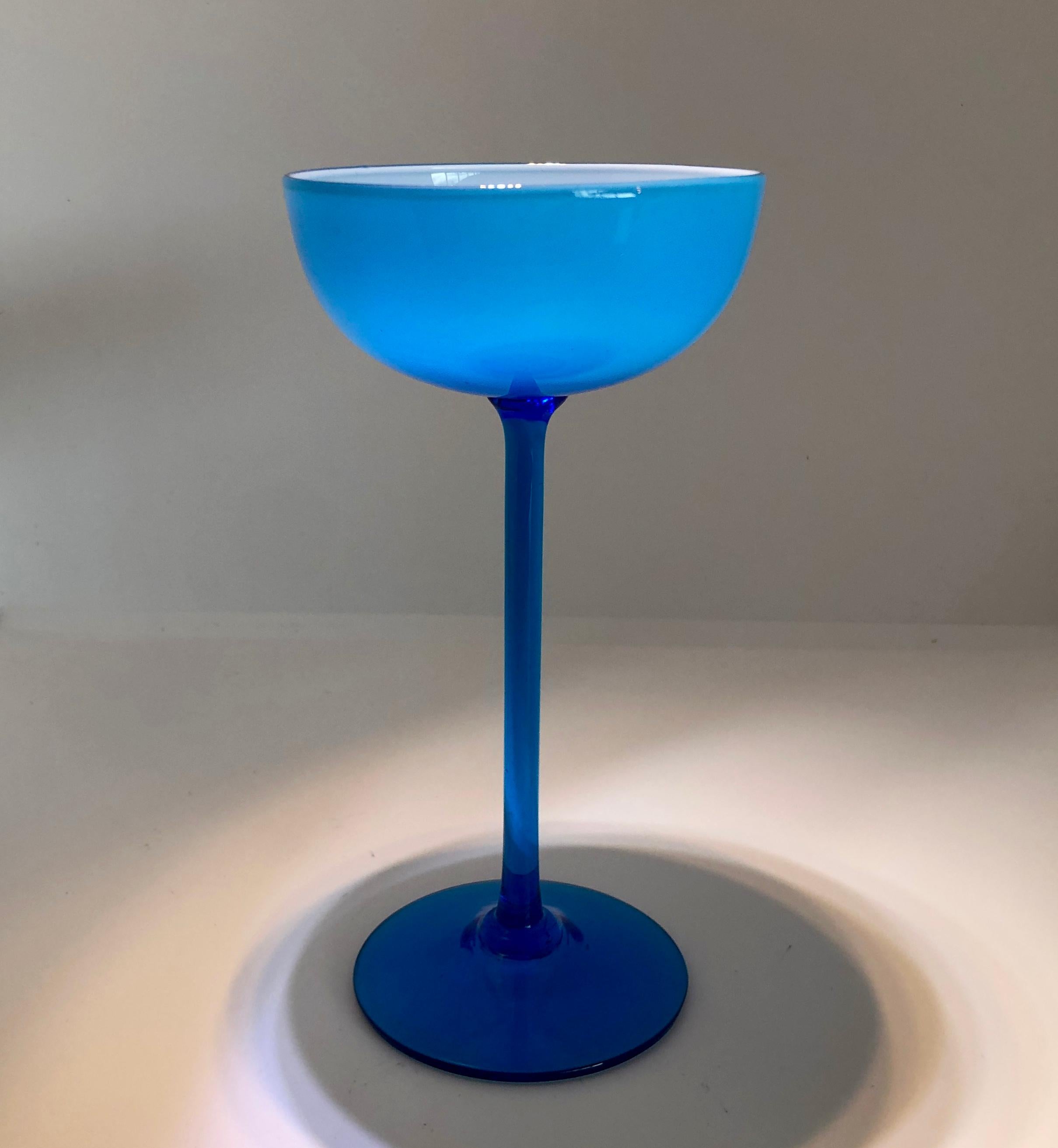 Italian S/4 White Encased Cerulean Light Blue Carlo Moretti Stemmed Blown Glass Goblets