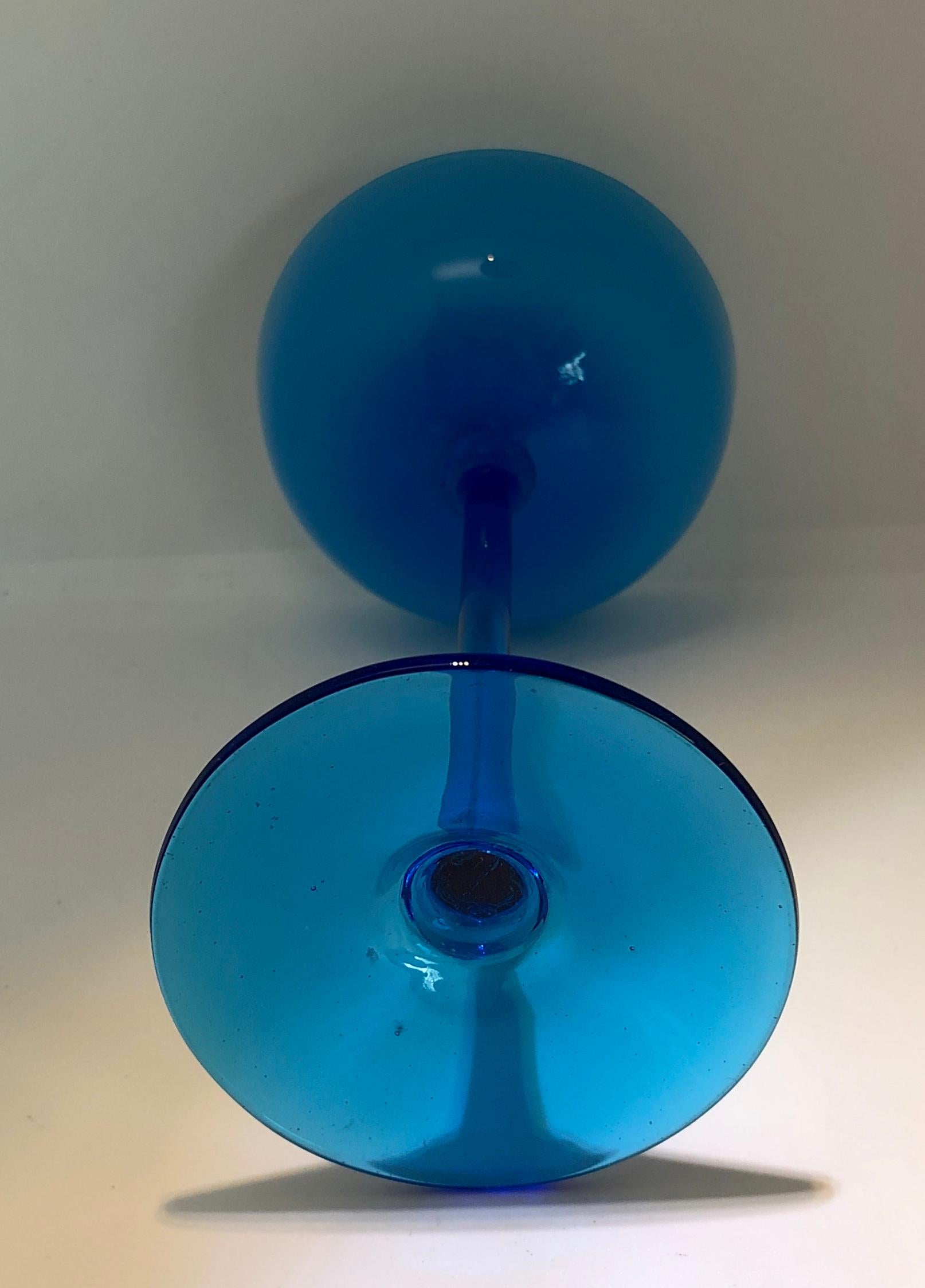 20th Century S/4 White Encased Cerulean Light Blue Carlo Moretti Stemmed Blown Glass Goblets
