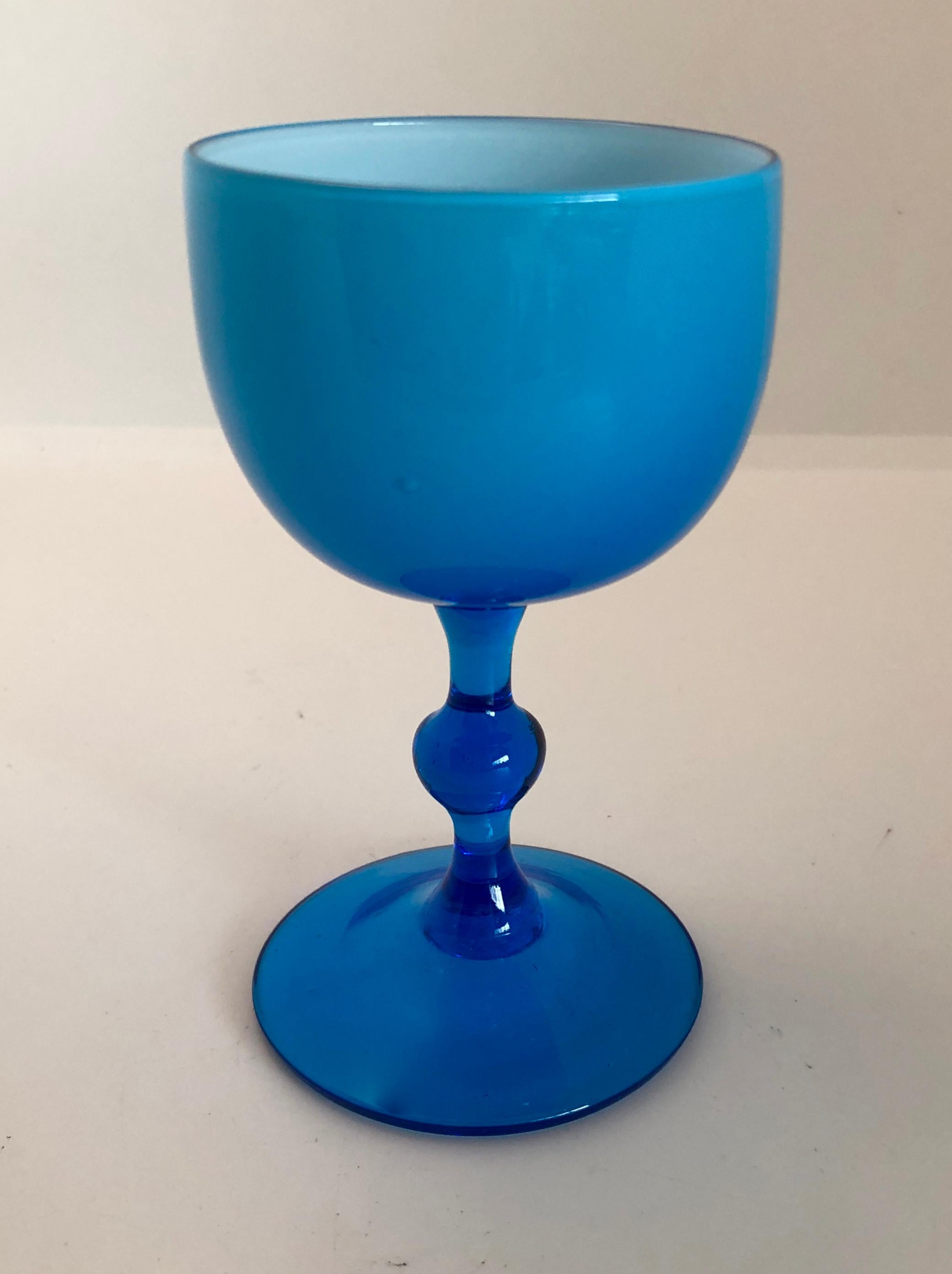 S/4 White Encased Cerulean Light Blue Carlo Moretti Stemmed Blown Glass Goblets 4