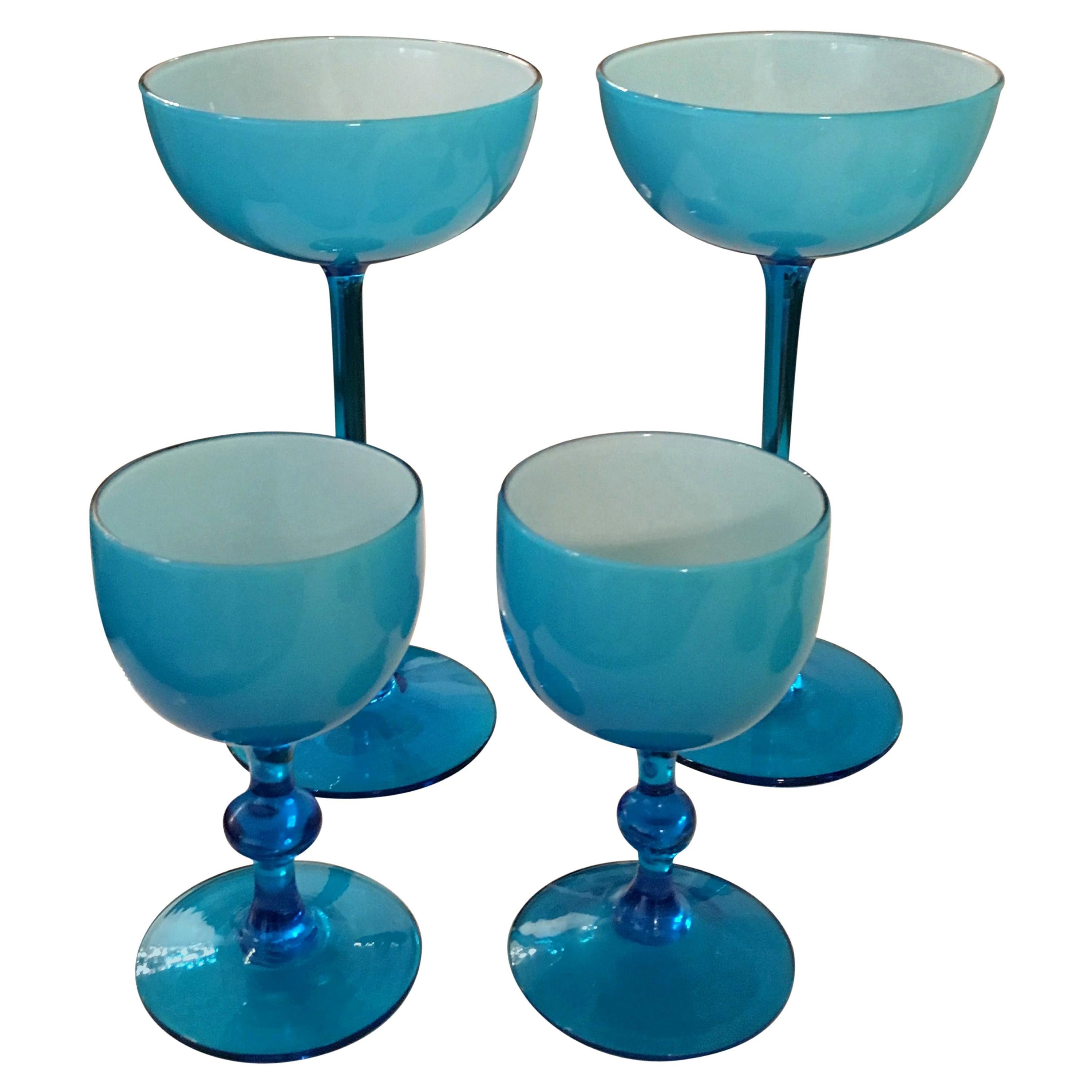 S/4 White Encased Cerulean Light Blue Carlo Moretti Stemmed Blown Glass Goblets