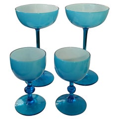 Vintage S/4 White Encased Cerulean Light Blue Carlo Moretti Stemmed Blown Glass Goblets