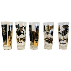 Vintage S/5 Kalla Black & Gold Accented Modern Grecian & Aquatic Themed Cocktail Glasses