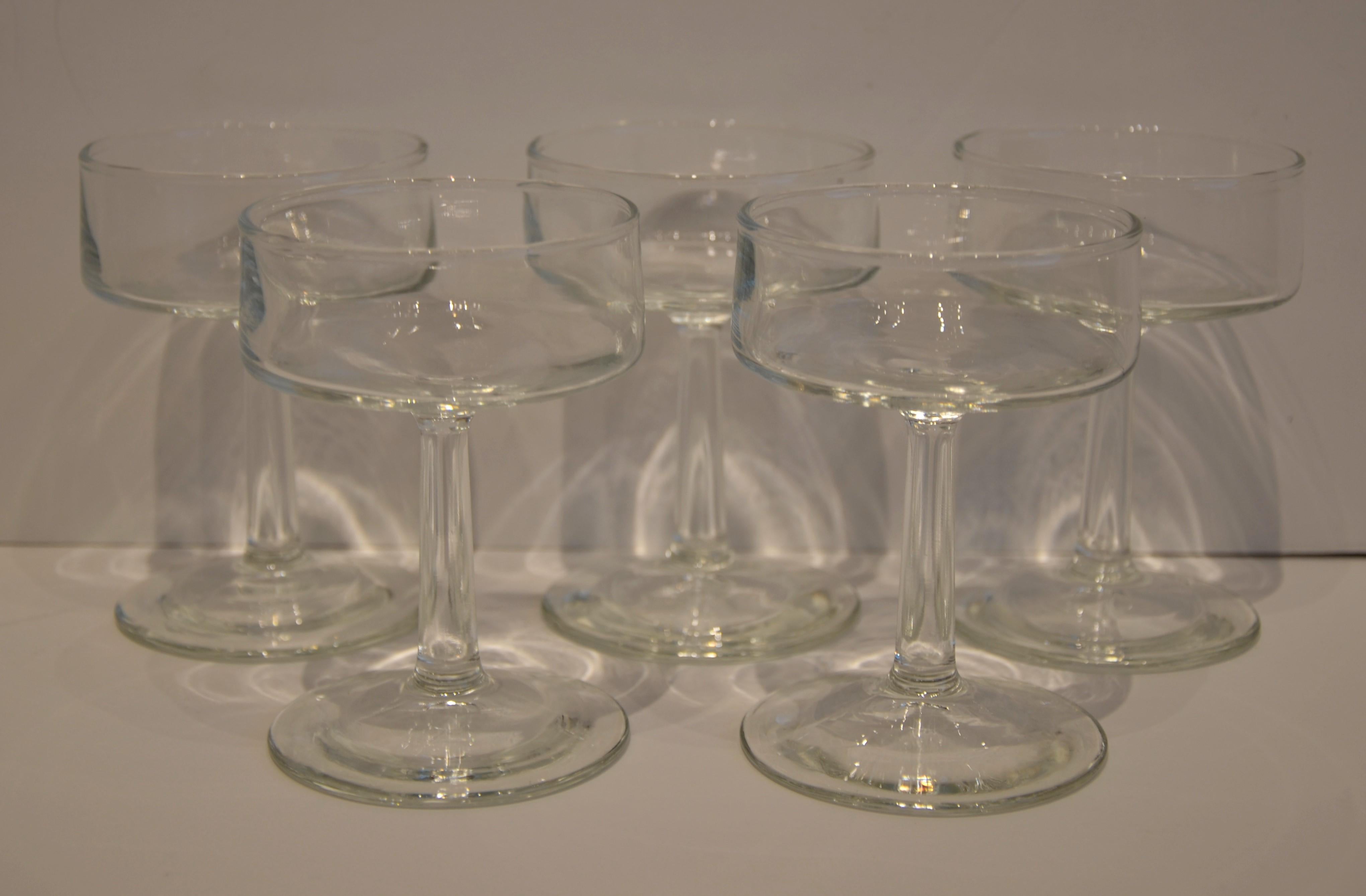 American Set of 5 Minimalist Petite Glass Champagne Coupes / Sherbet Bowls with Stem For Sale