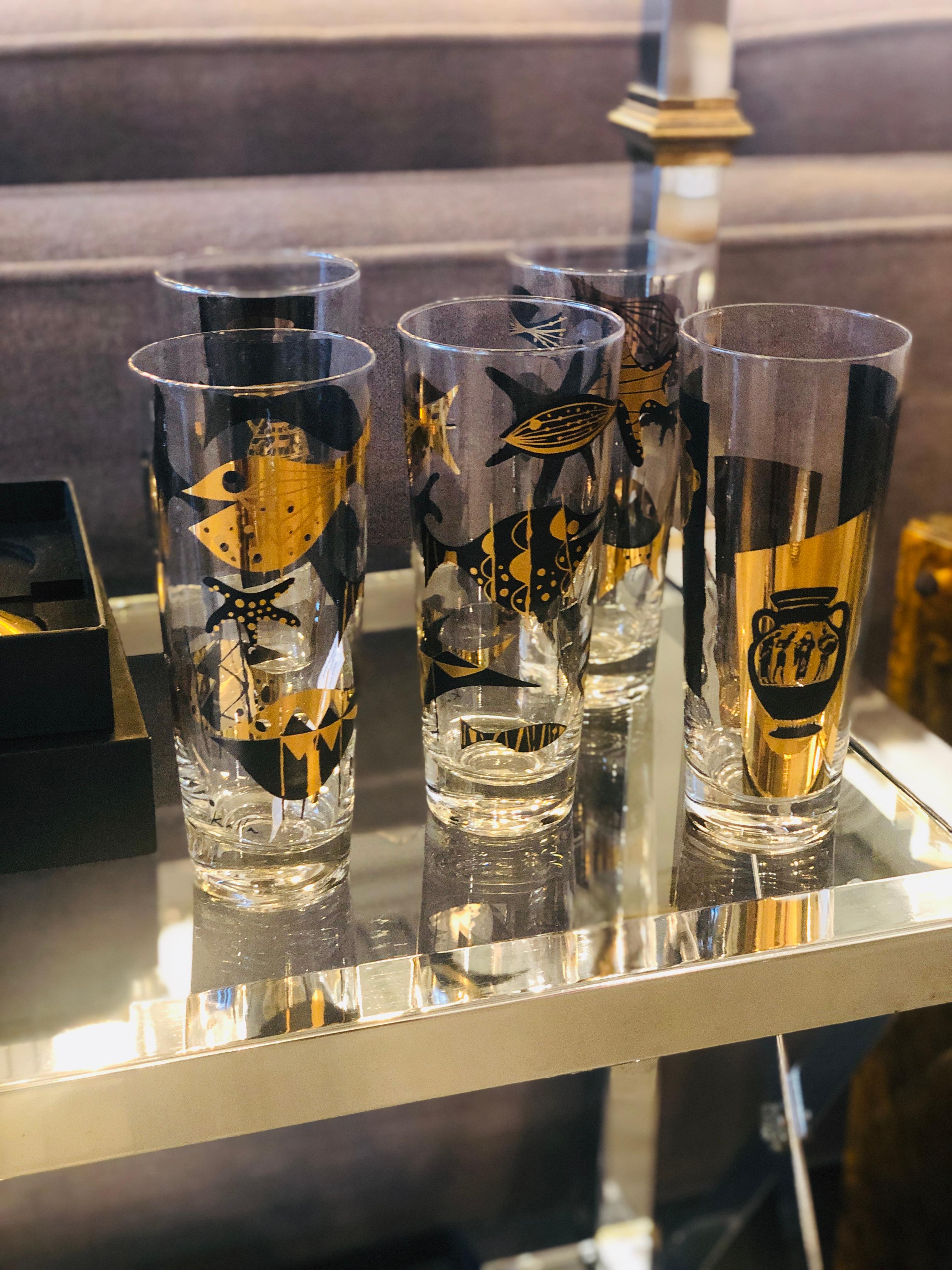 S/5 Kalla Black & Gold Accented Modern Grecian & Aquatic Themed Cocktail Glasses 12