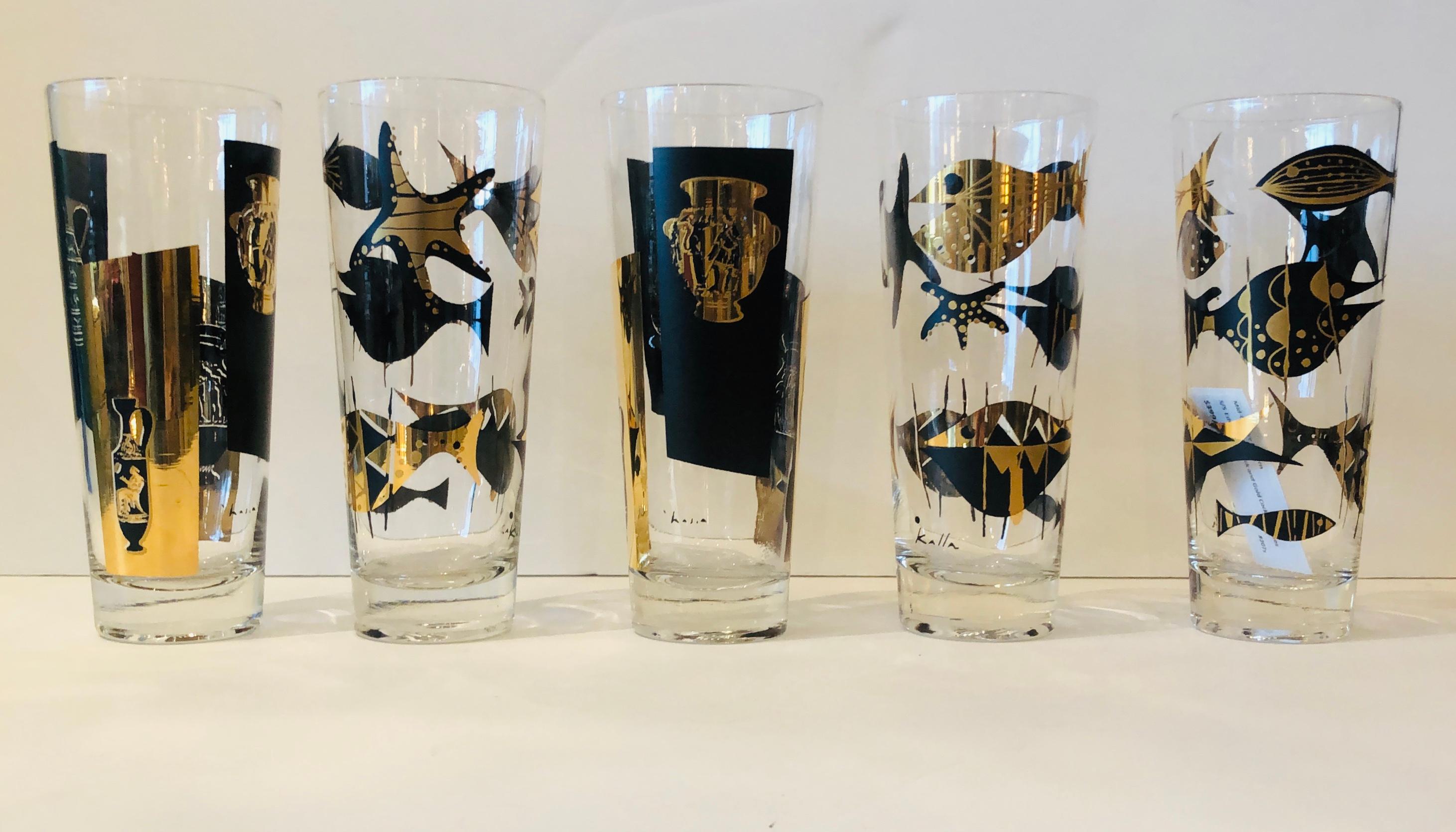 Offered is a set of five Mid-Century Modern designed circa 1958 by Edwin Kalla for Erickson Glass Works of Toledo, Ohio, black and gold Grecian and aquatic (fish) accents over clear glass themed tall 