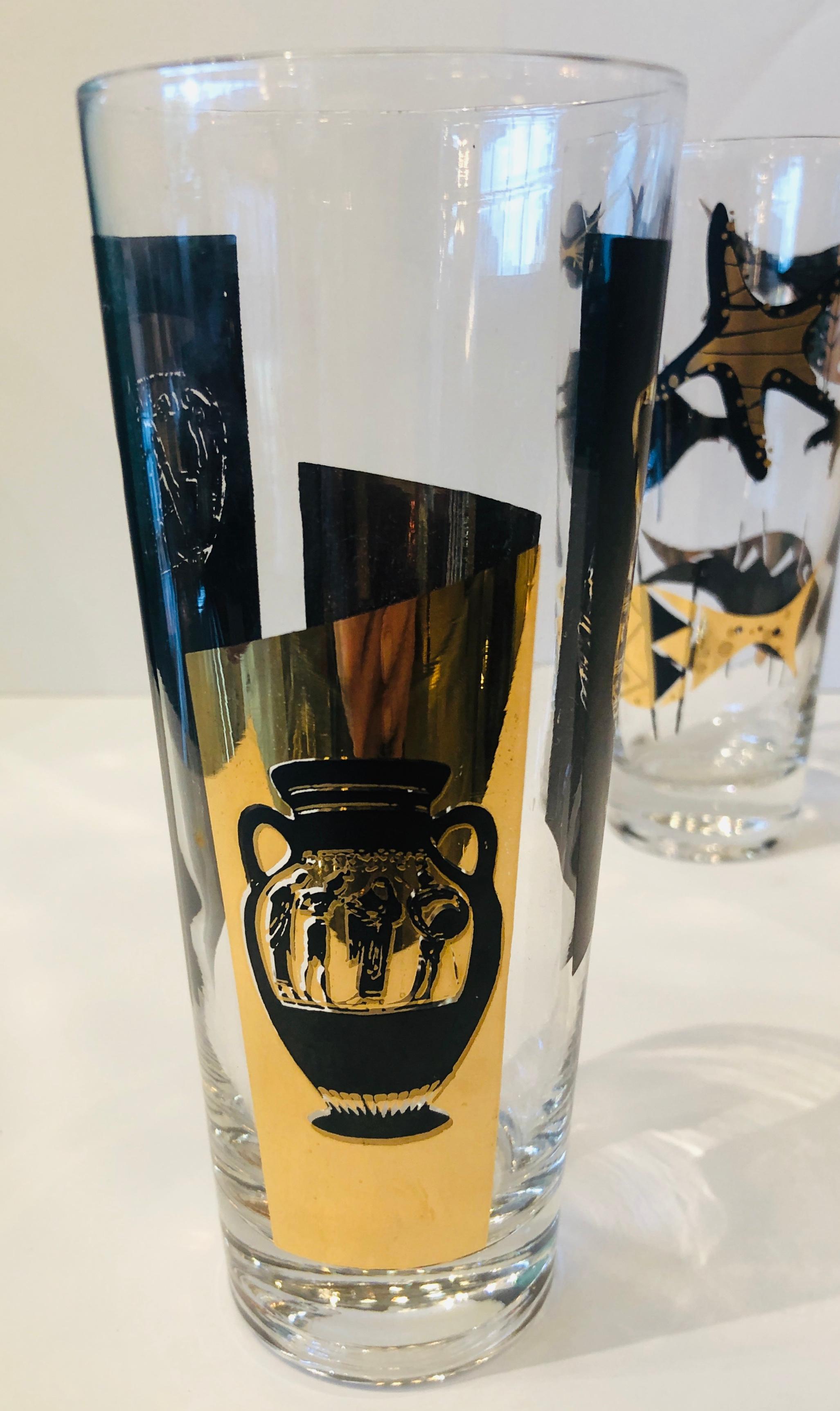 Mid-Century Modern S/5 Kalla Black & Gold Accented Modern Grecian & Aquatic Themed Cocktail Glasses