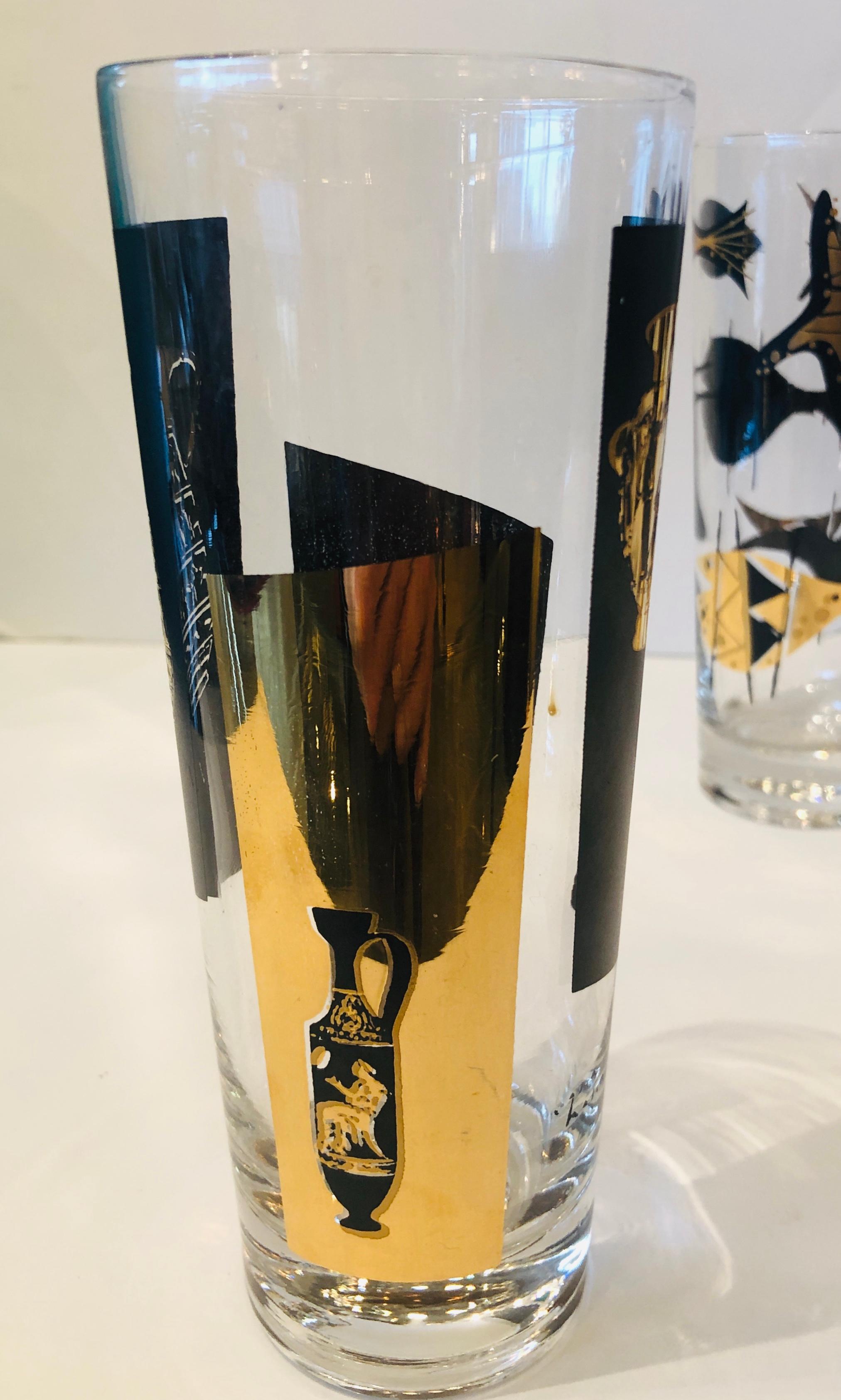 S/5 Kalla Black & Gold Accented Modern Grecian & Aquatic Themed Cocktail Glasses In Good Condition In Houston, TX