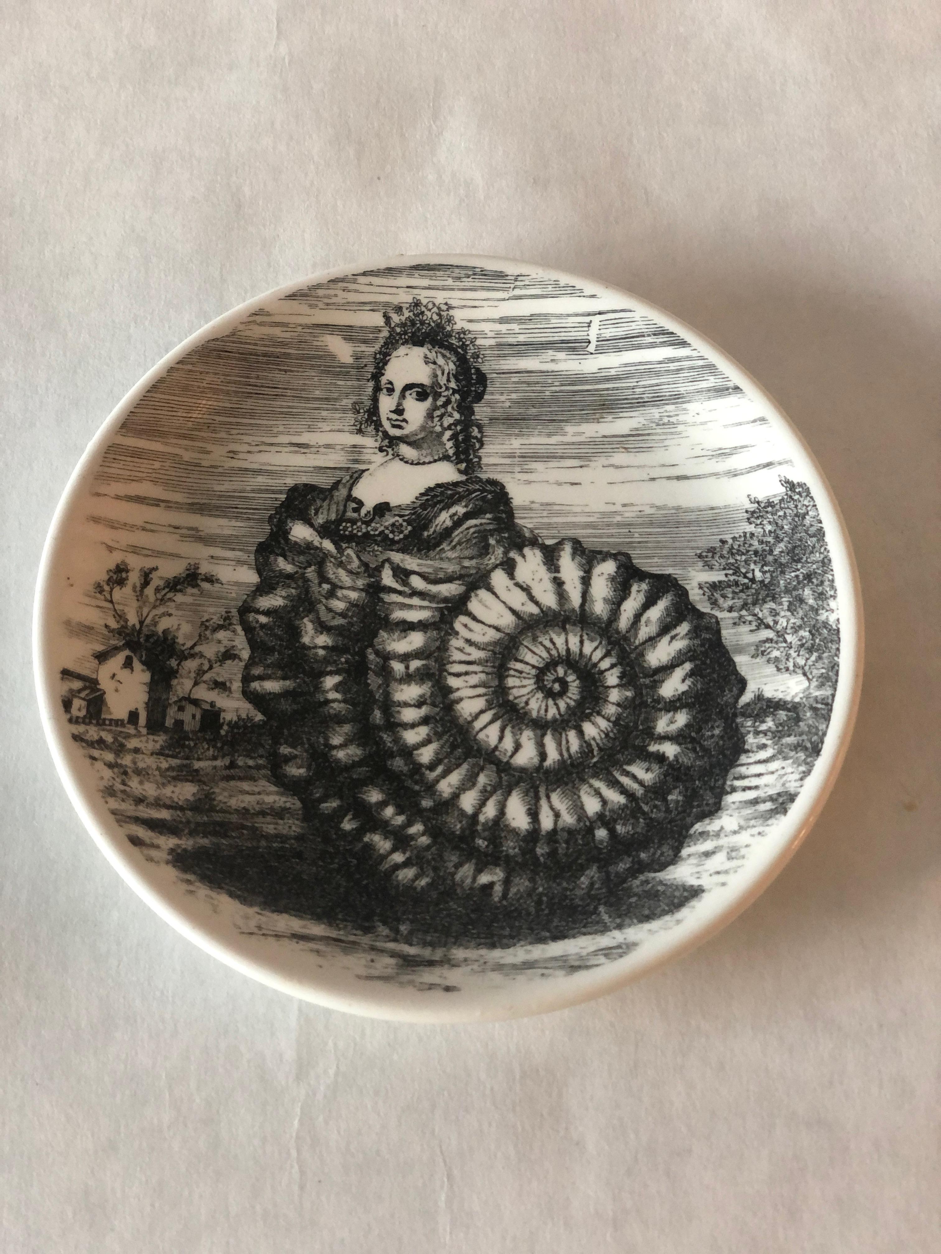 S/6 Black and White Fornasetti Le Oceanidi 'Women in Shells' Porcelain Coasters For Sale 9