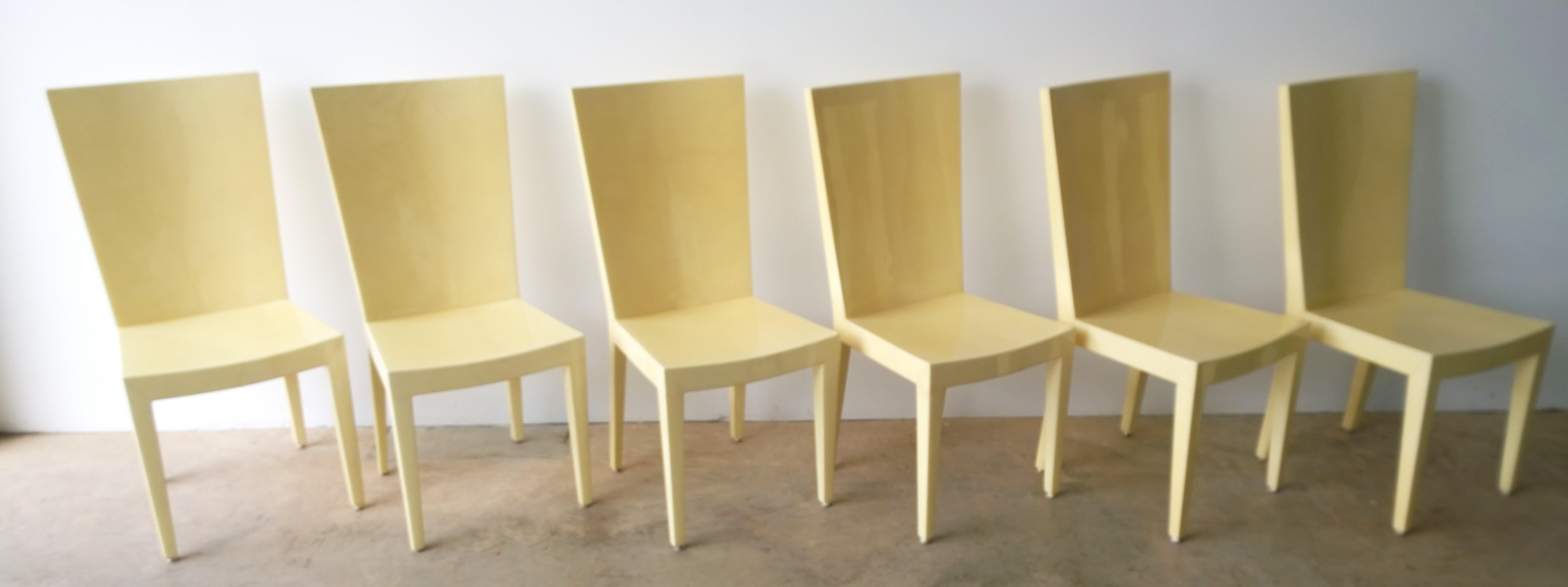 Offered is a Mid-Century Modern Eugenio Escudero attributed set of six lacquered goatskin parchment KMF side / dining chairs in the style of Karl Springer with clear lacquer over natural goatskin. This set of dining chairs exudes modern