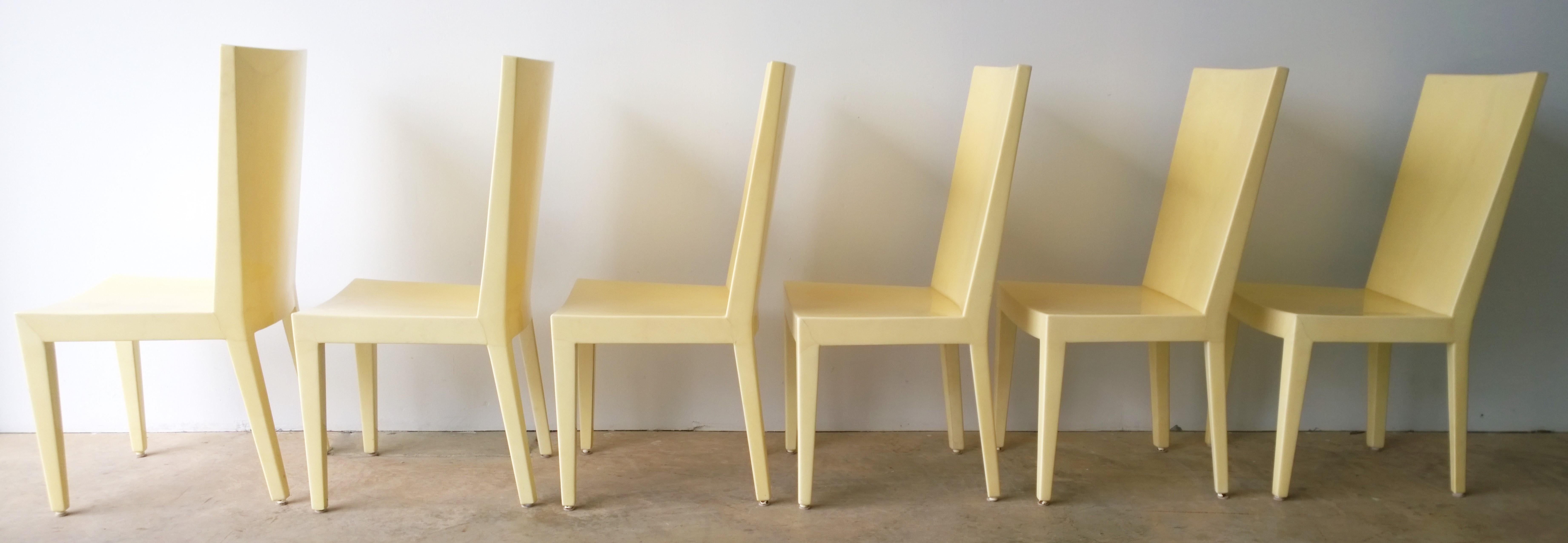 Set of 6 Eugenio Escudero Attrib Clear Lacquered Natural Goatskin Dining Chairs In Good Condition In Houston, TX