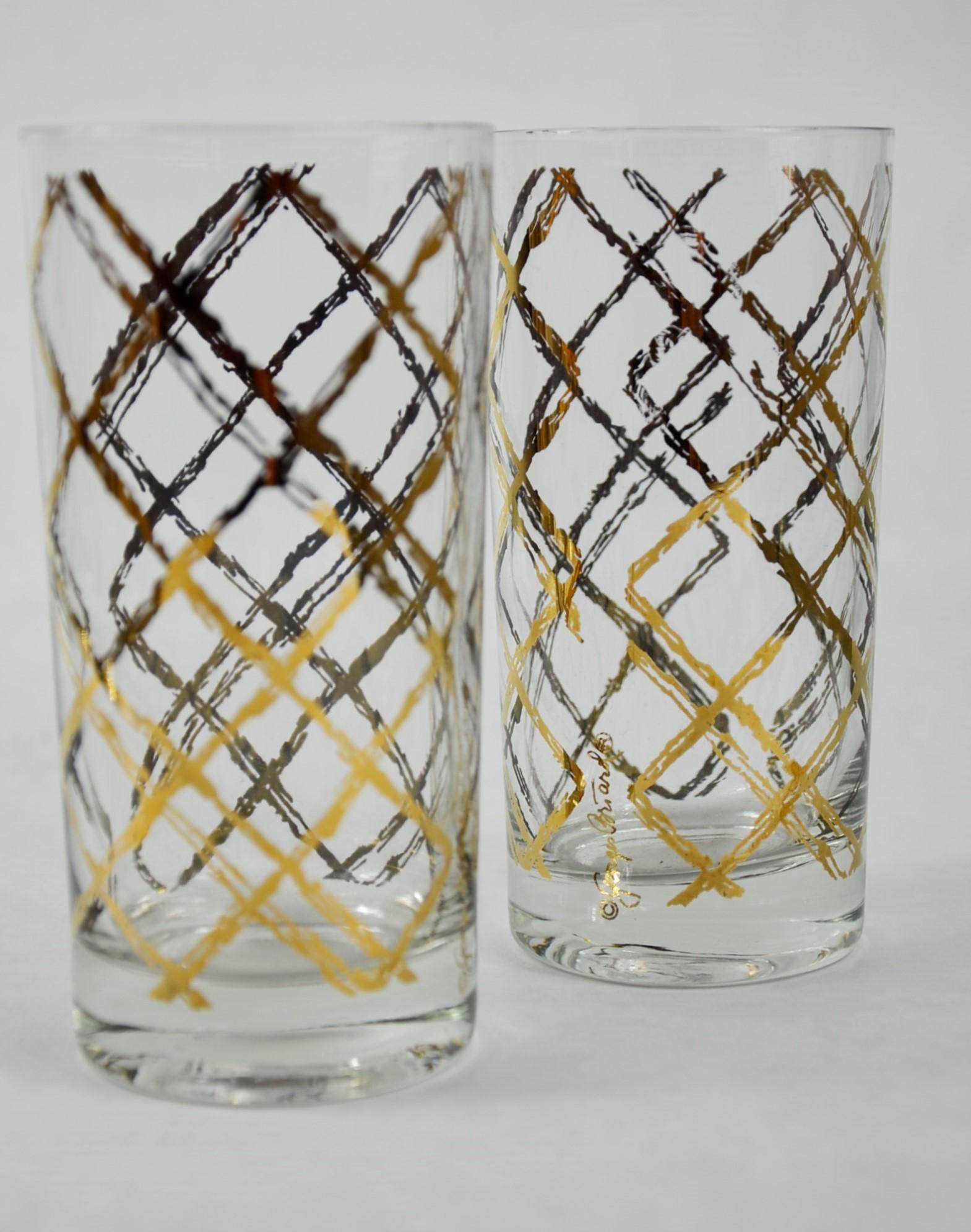 S/6 Georges Briard Glass w/ Gold & Copper Gilt Overlay Pattern Cocktail Glasses 3