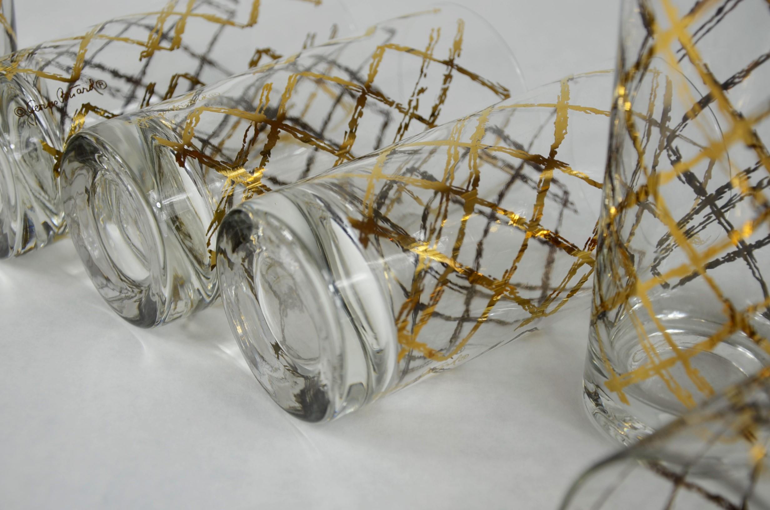 S/6 Georges Briard Glass w/ Gold & Copper Gilt Overlay Pattern Cocktail Glasses 4