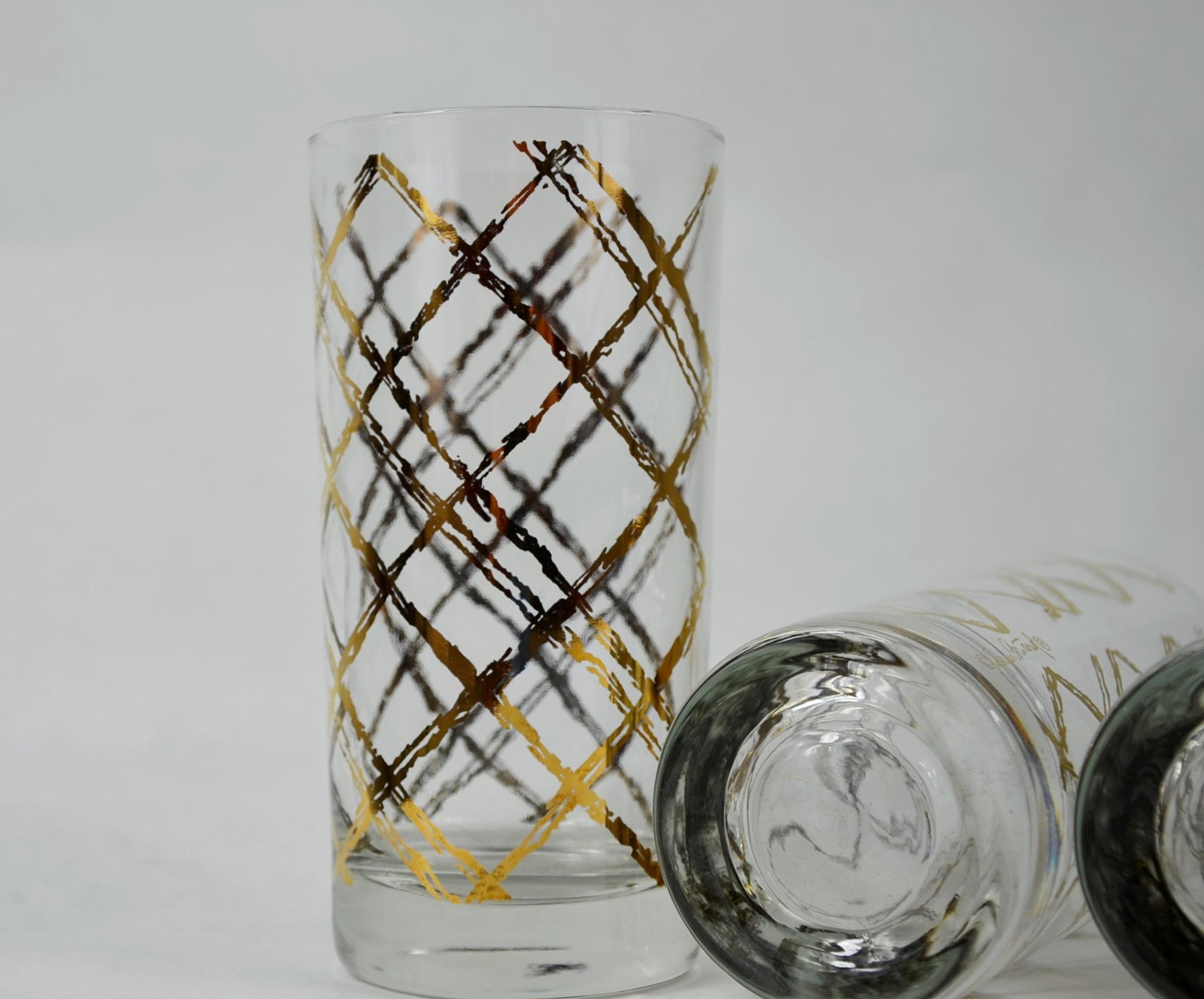 S/6 Georges Briard Glass w/ Gold & Copper Gilt Overlay Pattern Cocktail Glasses 9