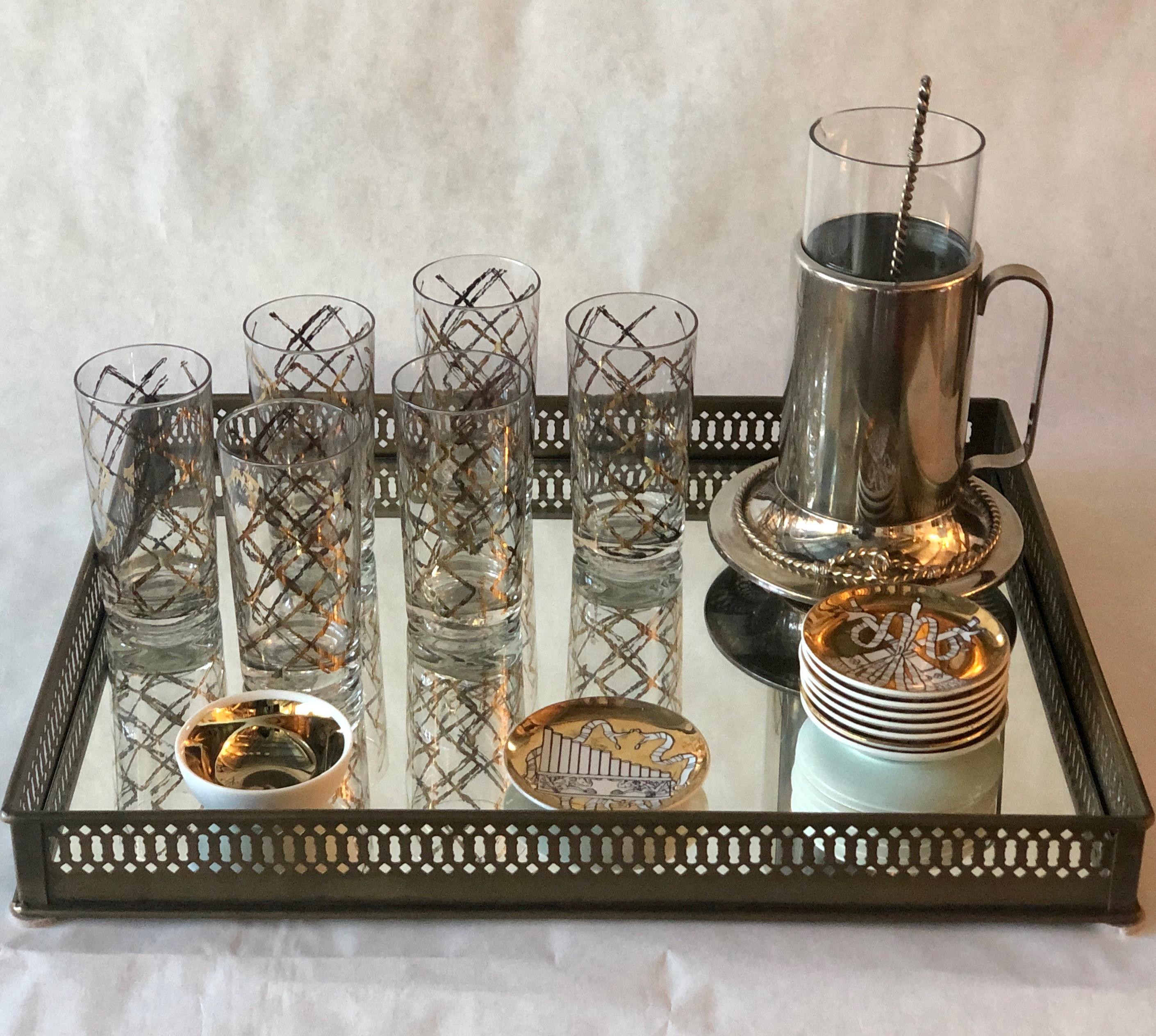 S/6 Georges Briard Glass w/ Gold & Copper Gilt Overlay Pattern Cocktail Glasses 13
