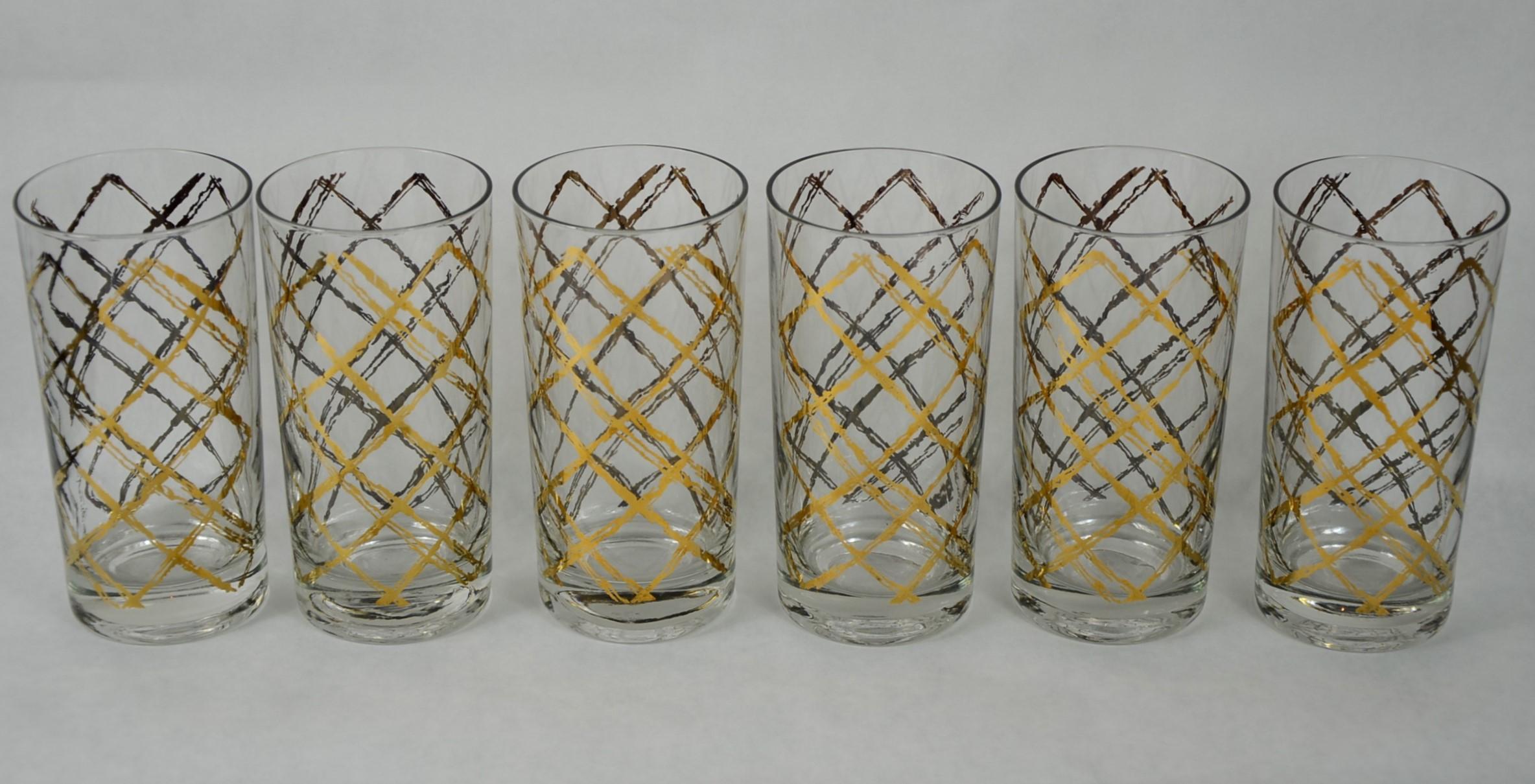 Mid-Century Modern S/6 Georges Briard Glass w/ Gold & Copper Gilt Overlay Pattern Cocktail Glasses