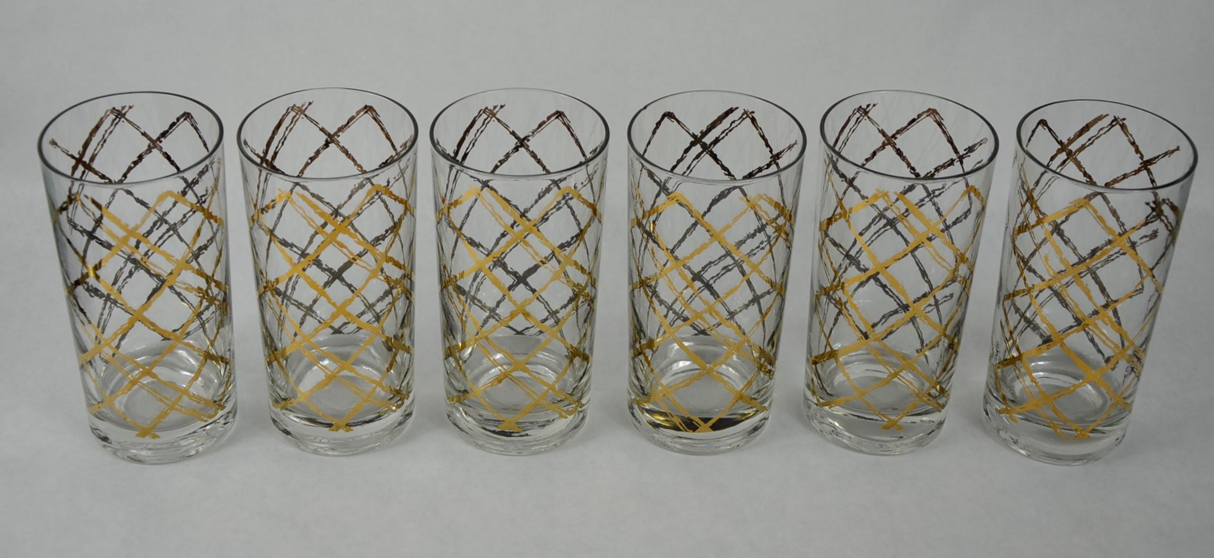 American S/6 Georges Briard Glass w/ Gold & Copper Gilt Overlay Pattern Cocktail Glasses