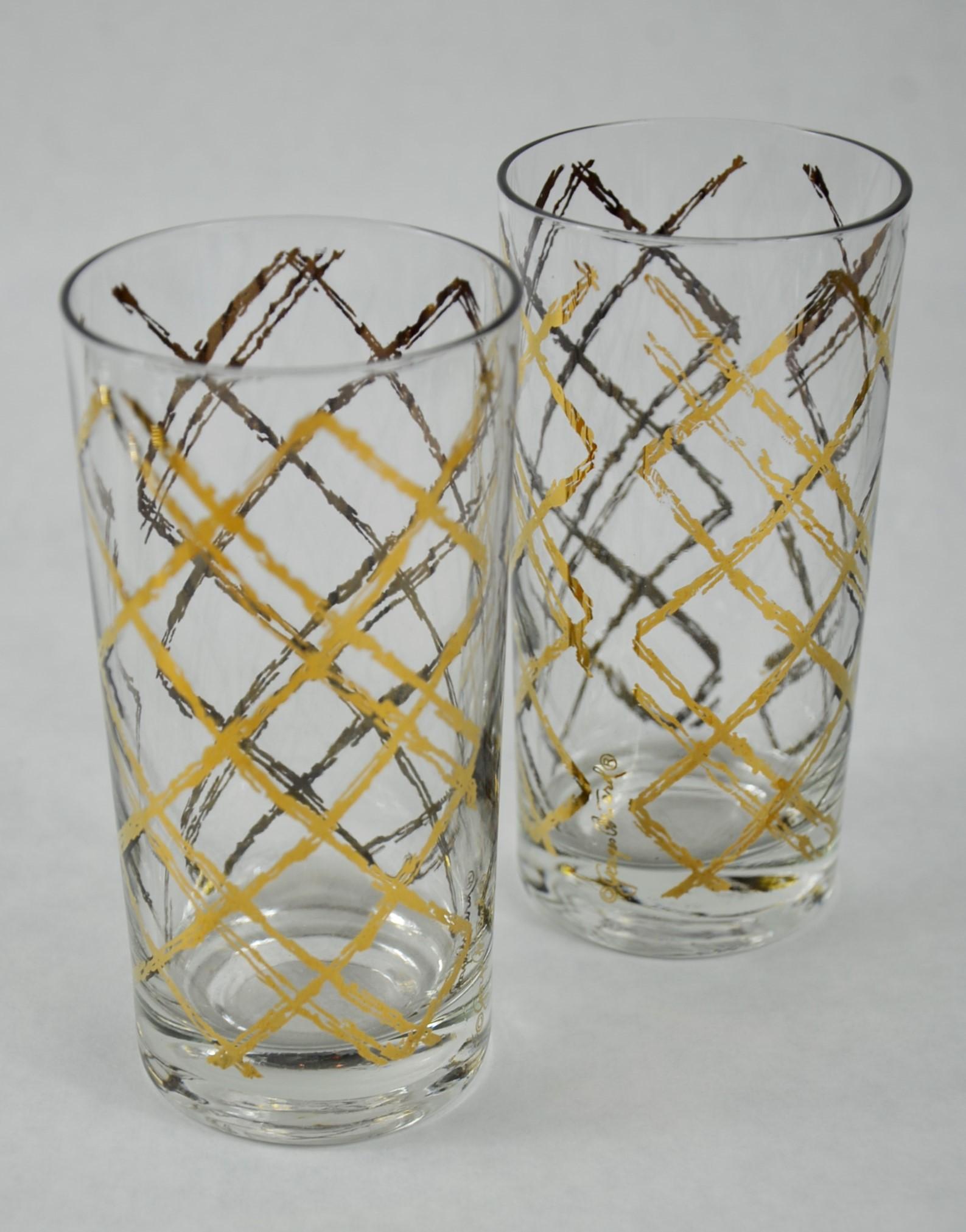 S/6 Georges Briard Glass w/ Gold & Copper Gilt Overlay Pattern Cocktail Glasses In Good Condition In Houston, TX
