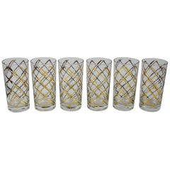 S/6 Georges Briard Glass w/ Gold & Copper Gilt Overlay Pattern Cocktail Glasses